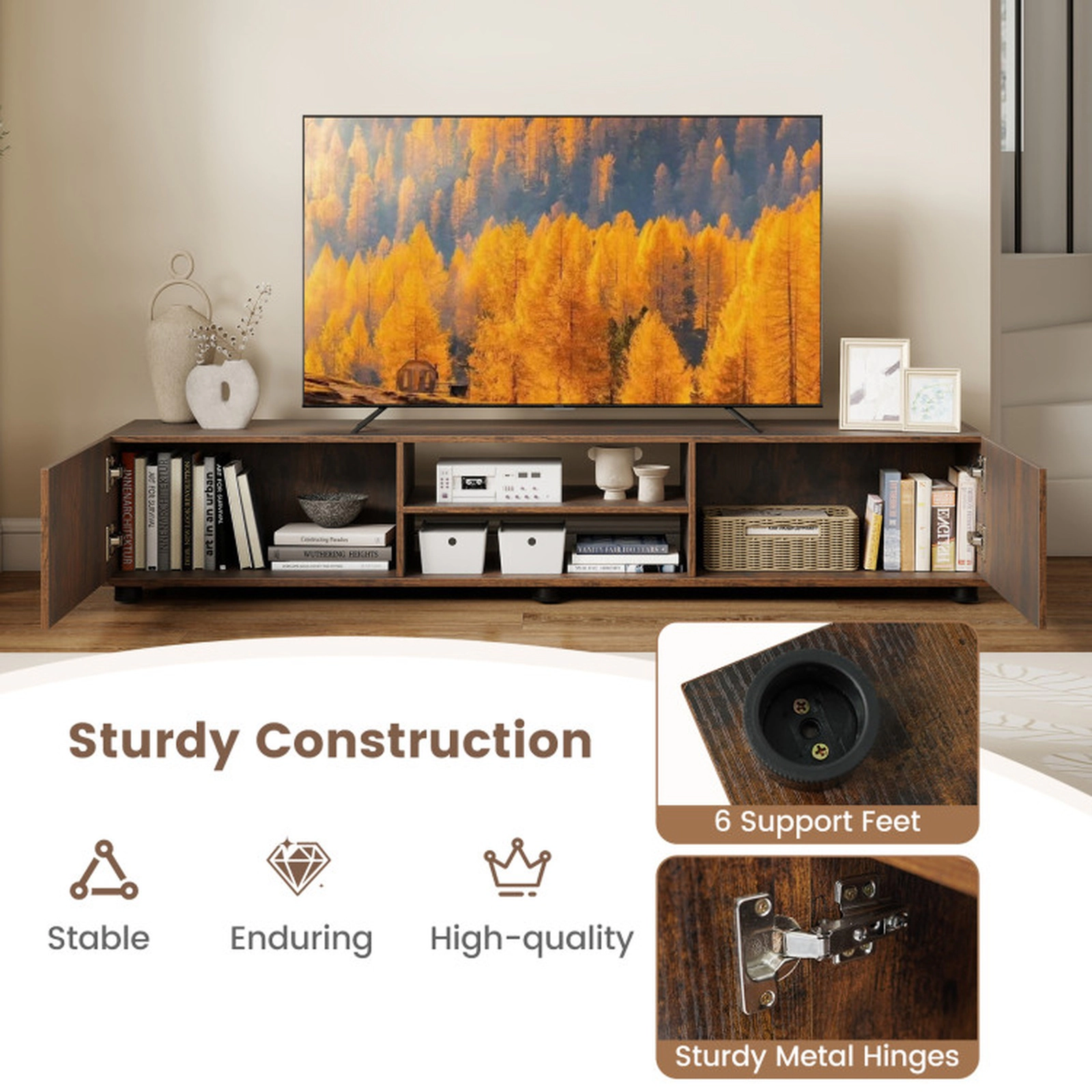 SUGIFT Modern TV Stand for up to 70 in TVs Minimalist Entertainment Center 155-lb Tabletop Capacity with 2 Doors & Open