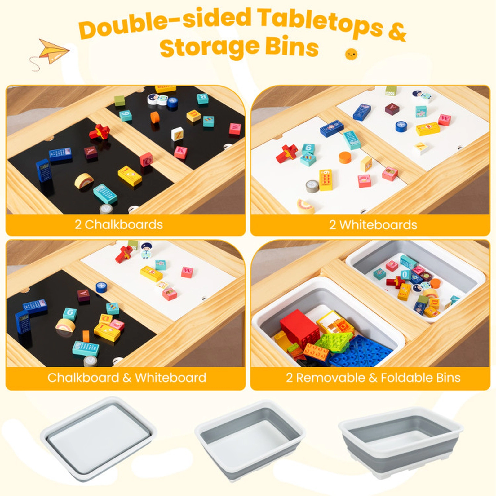 SUGIFT Wooden Kids Activity Table and Stool Set with Chalkboard, Whiteboard and 2 Foldable Storage Bins 200-lb Tabletop