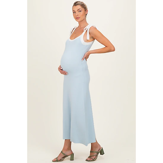 PinkBlush Womens Light Blue Knit Contrast Shoulder Tie Maternity Dress