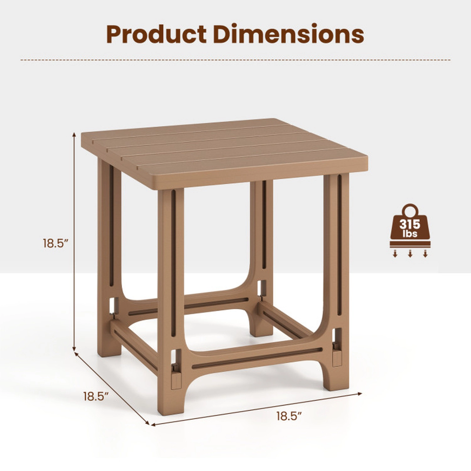 SUGIFT 18.5-in Outdoor Adirondack HDPE Side Table with Slatted Surface 315-lb Capacity 18.5 x 18.5 x 18.5 in Brown