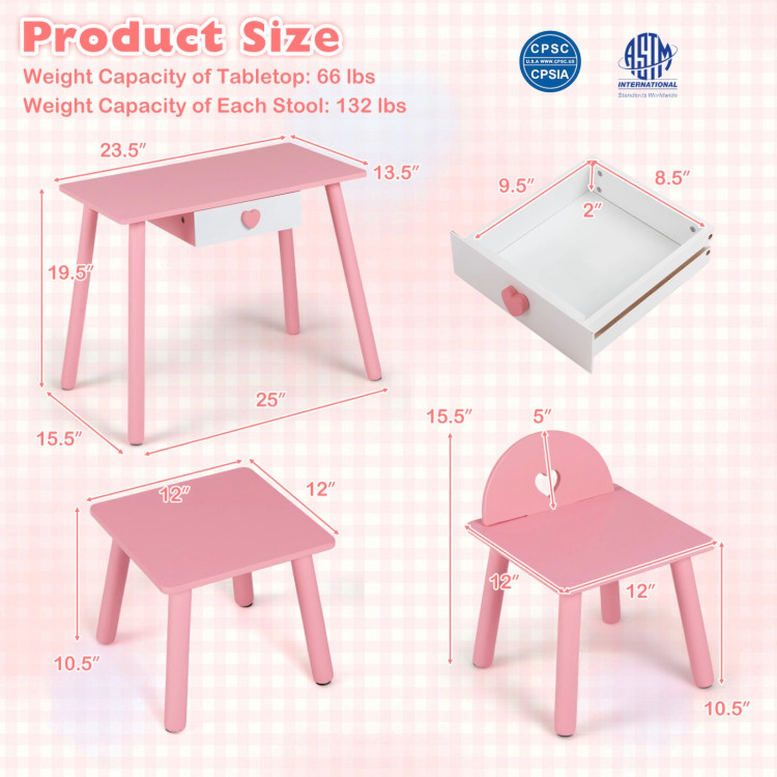 SUGIFT Pink Wooden Table Chair and Stool Kids Pretend Nail Salon Playset