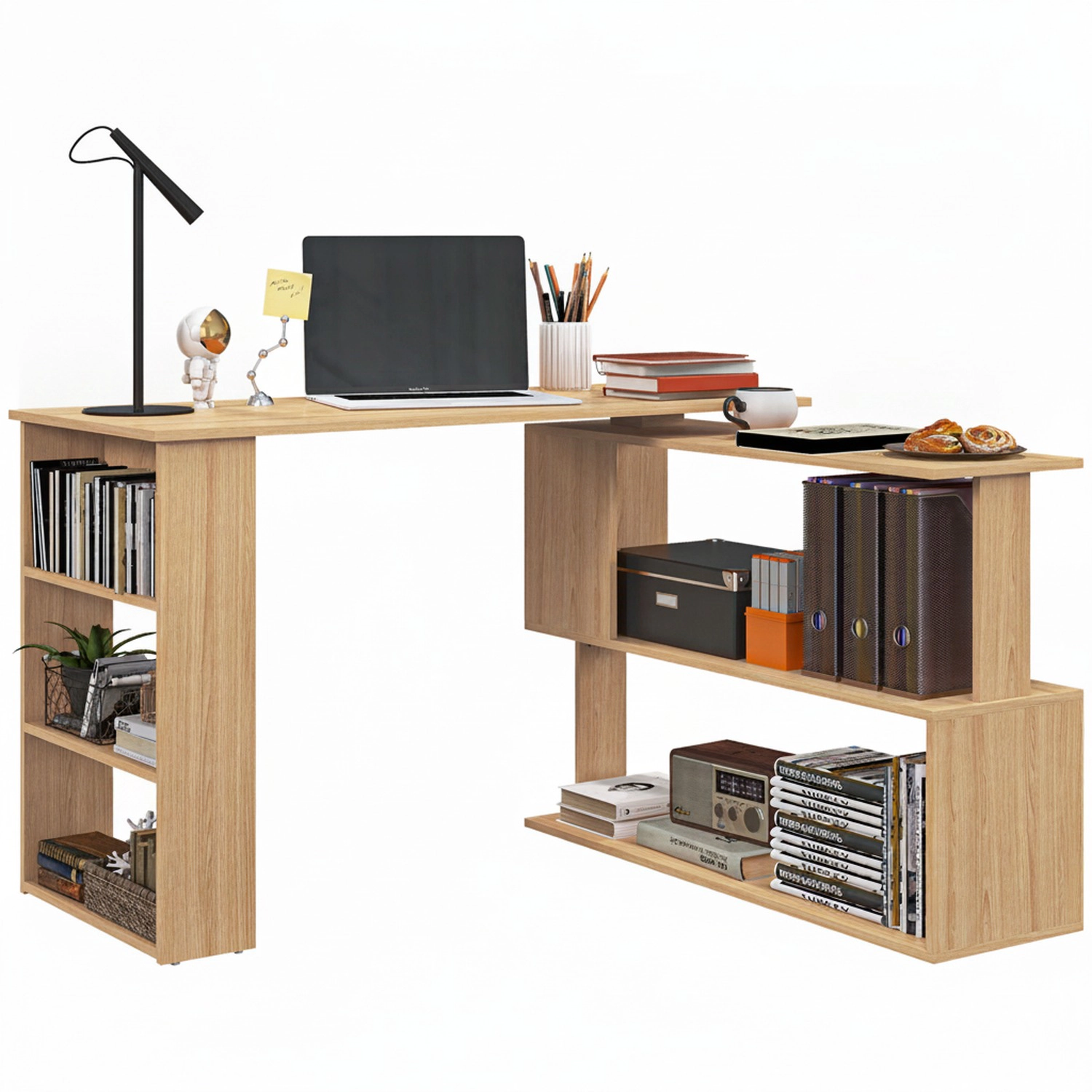 HONGGE 360-Degree Rotating L-Shaped Corner Computer Desk with Storage Shelves and Bookcase