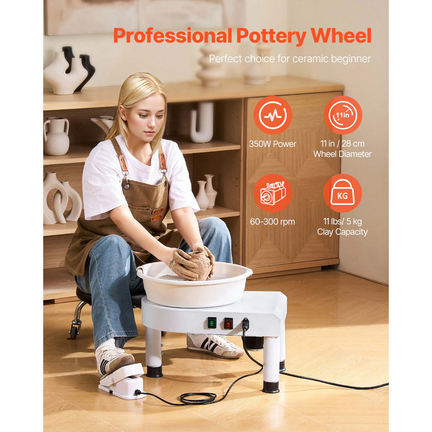 HONGGE Pottery Wheel Ceramic Wheel Forming Machine 60-300 RPM Adjustable Speed with Foot Pedal Control Detachable Basin