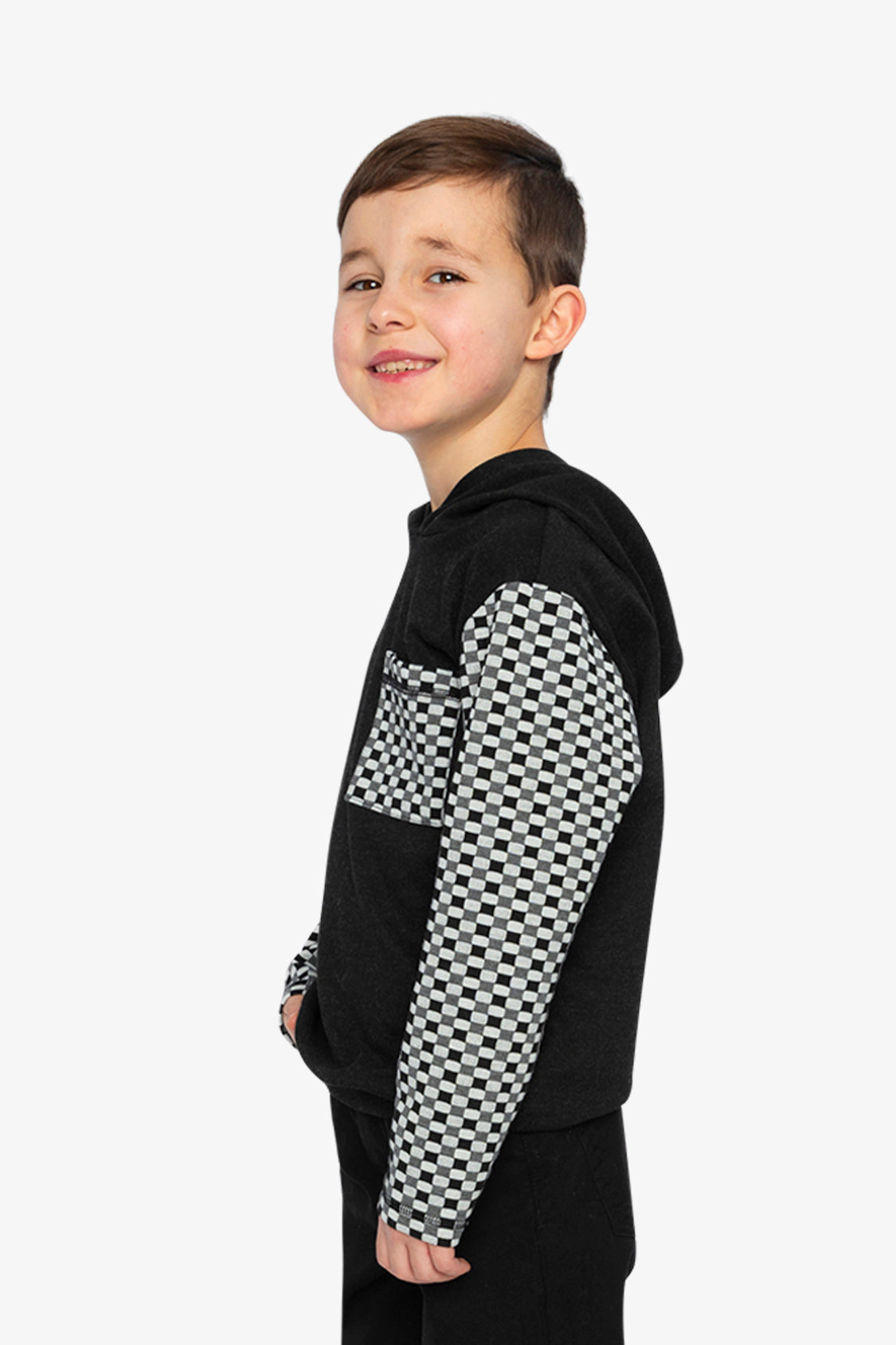 Deux par Boys Checkered Colorblock Hooded Top with Chest Pocket