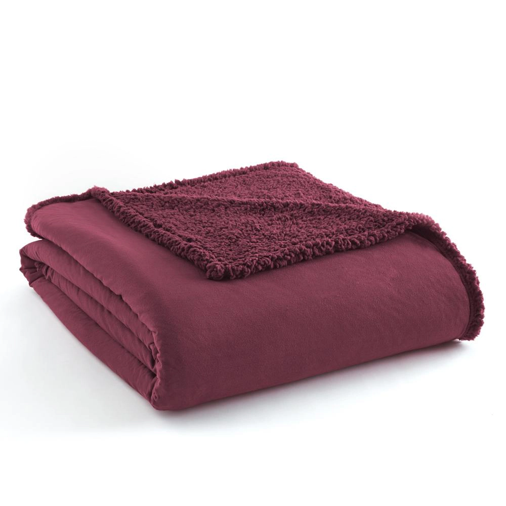 Shavel Micro Flannel High Quality Reversible Solid Patterned Super Soft Sherpa Blanket - Twin 66x90" - Wine