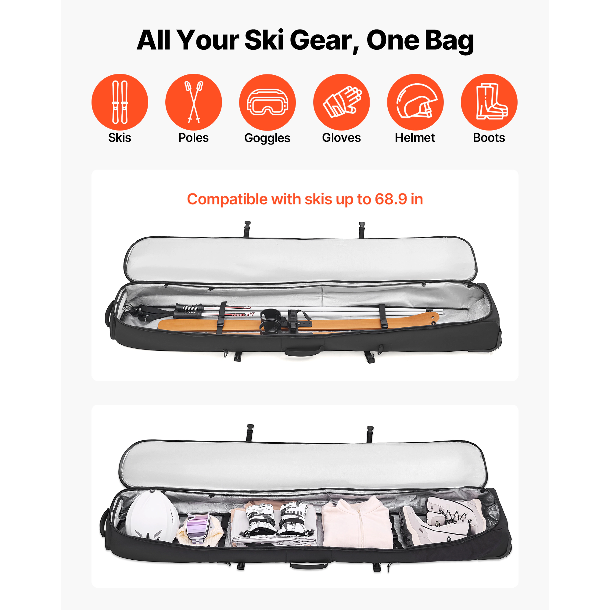 HONGGE Ski Roller Bag / Padded Snowboard Bag with Wheels for Air Travel 600D Waterproof Oxford Fabric with Adjustable