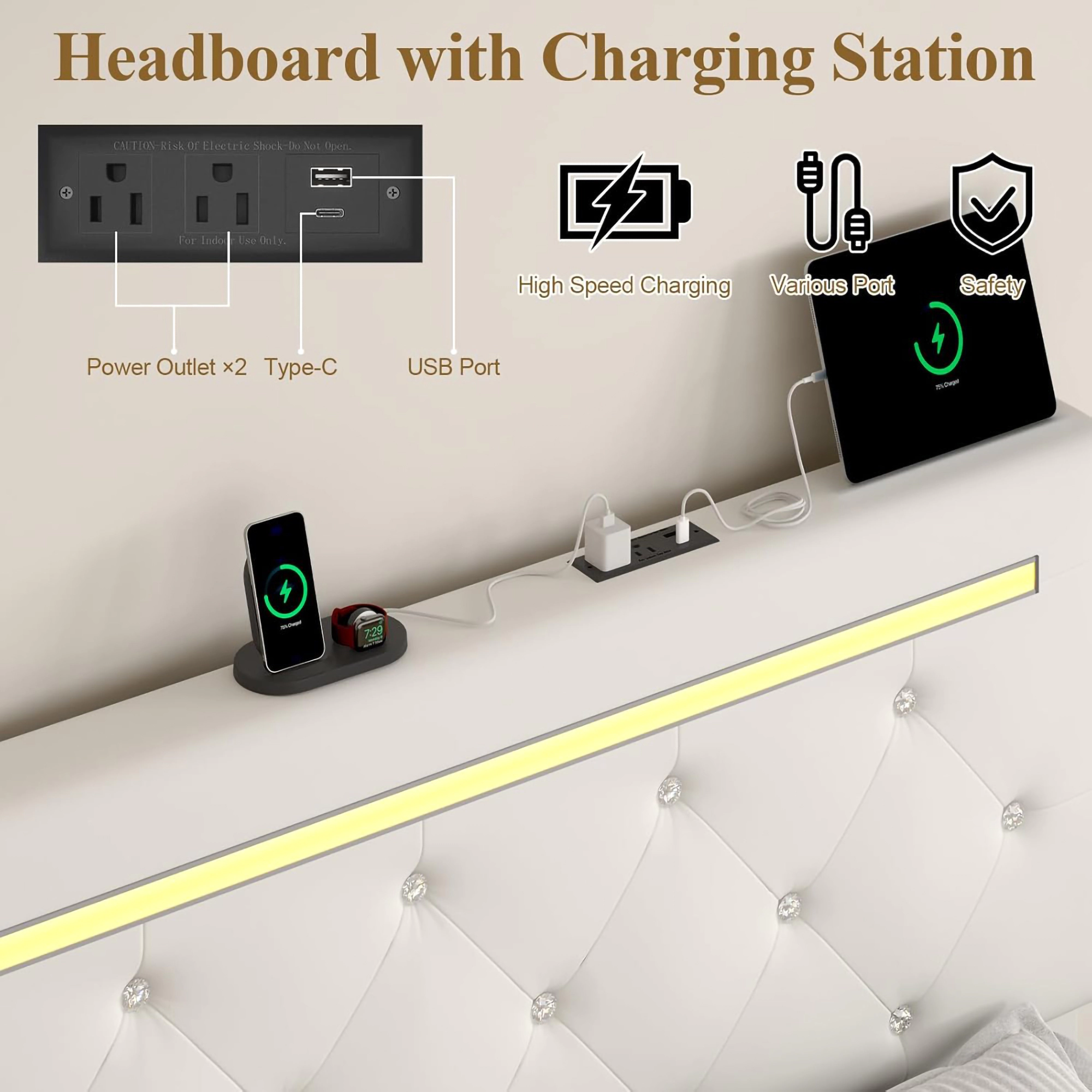 Flynama Full LED Bed Frame with 4 Drawers, PU Upholstery, Adjustable Headboard & Charger, White