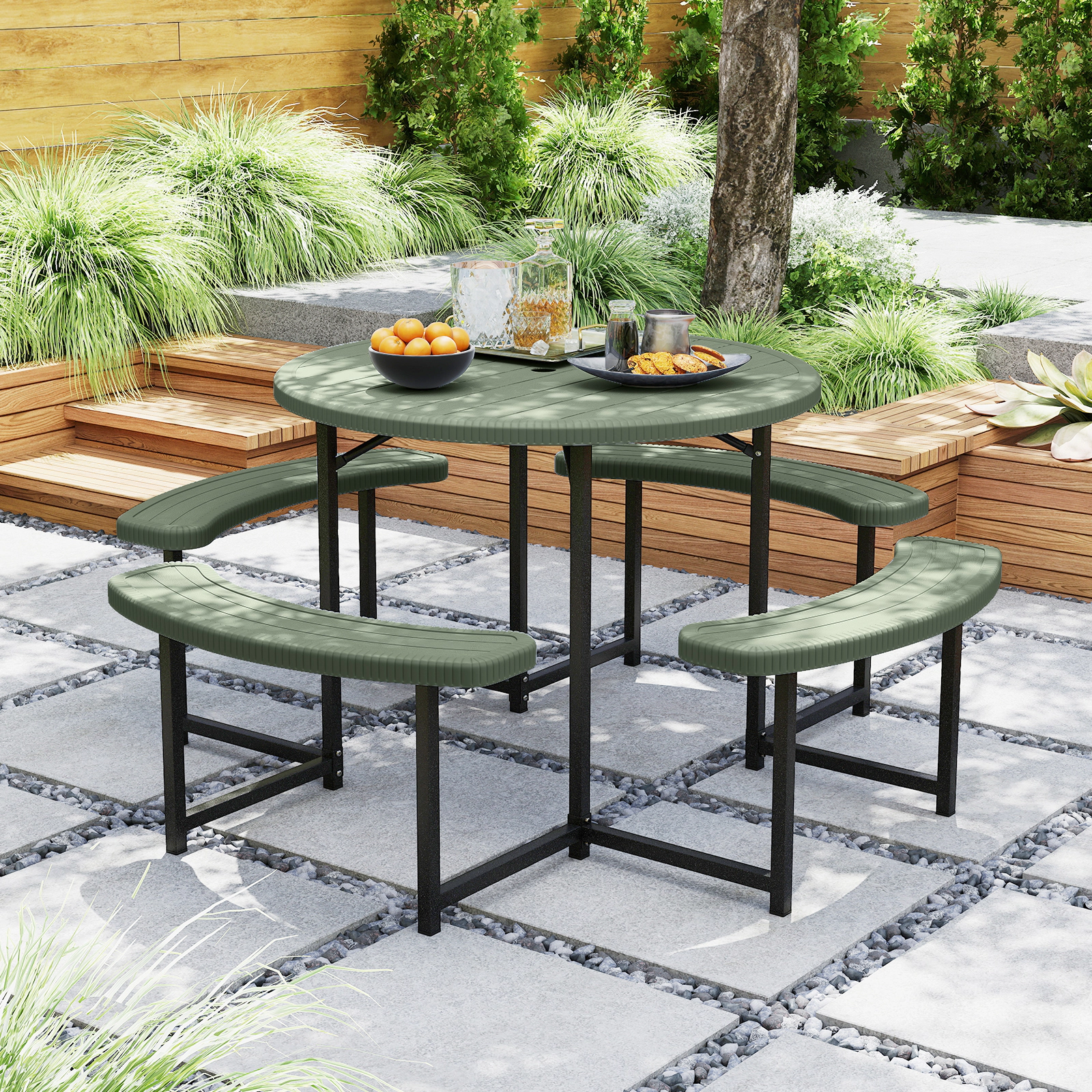 SUGIFT Round Picnic Table Set Green 37 in with 4 Curved Benches and Umbrella Hole