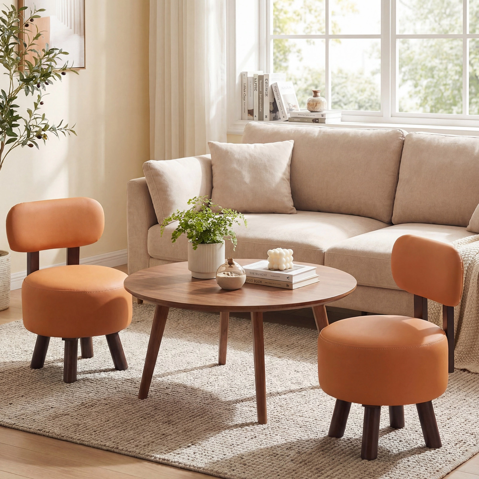 SUGIFT Set of 2 Orange Round Stackable Ottoman Stools, 330-lb Capacity