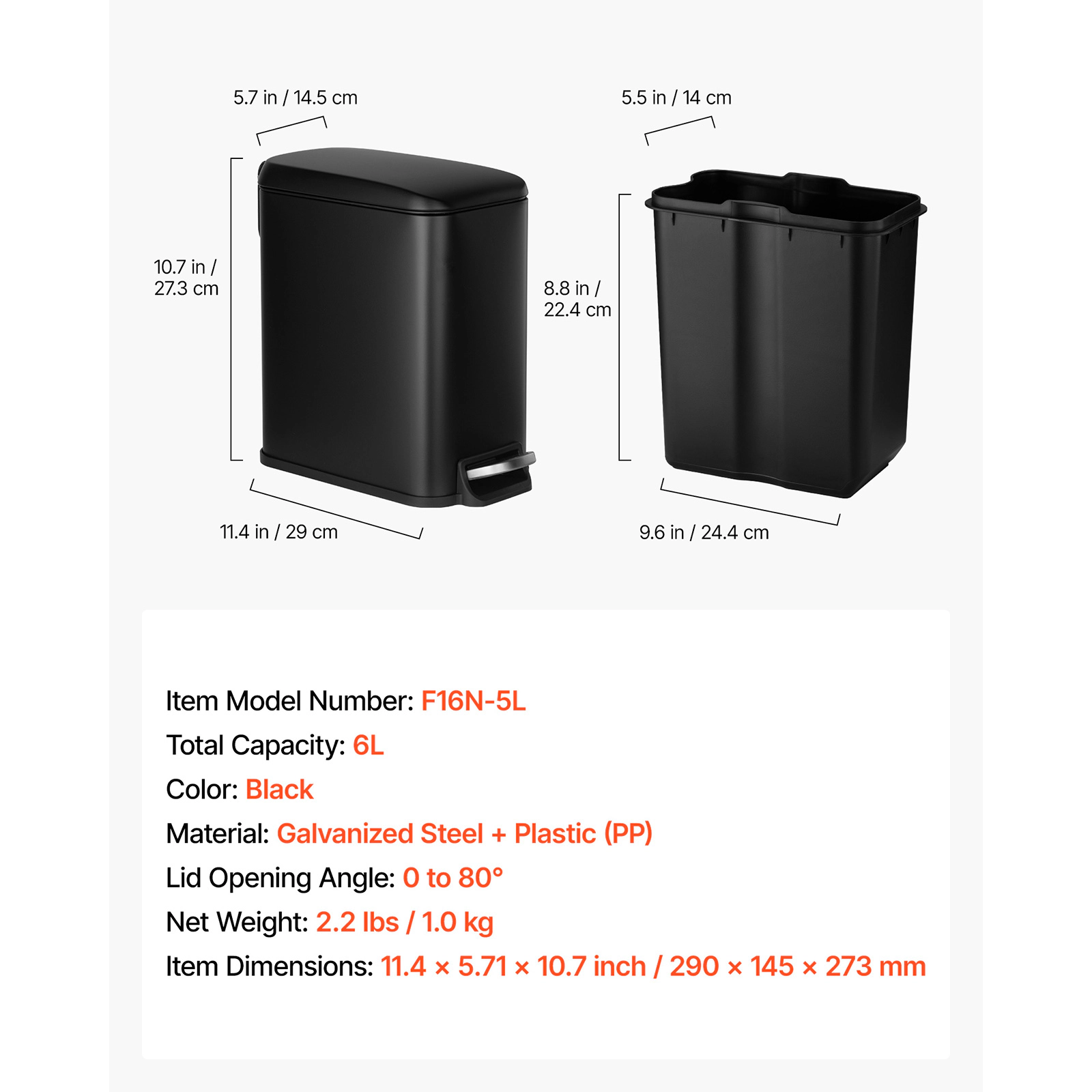 HONGGE Slim Bathroom Trash Can with Step Pedal & Soft-Close Lid, 6L Steel Bin with Detachable Liner, Black