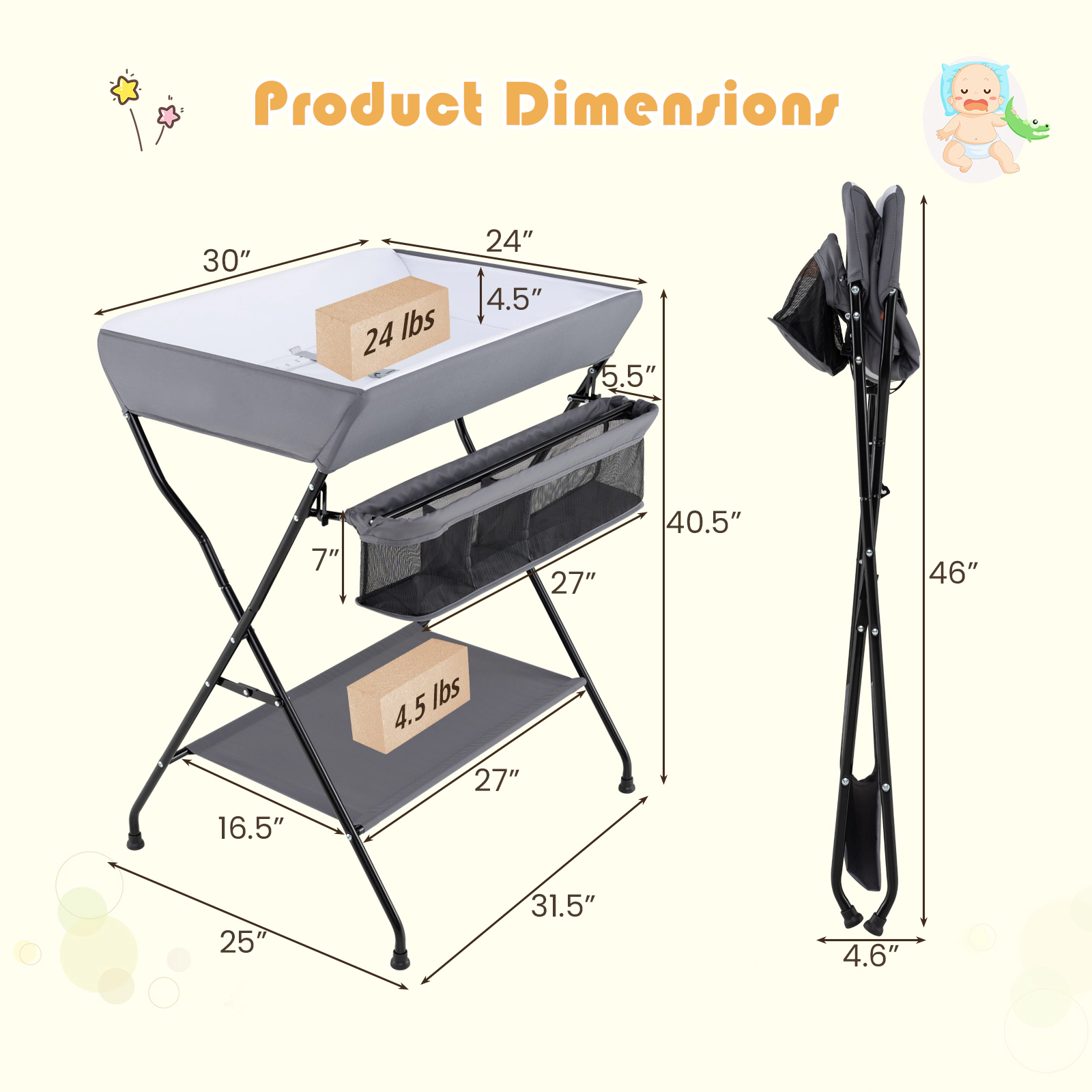SUGIFT Folding Steel Baby Diaper Changing Table Storage 24-lb Capacity Ages 0-12 Months 31.5-in Long Black/Gray 1-Pc
