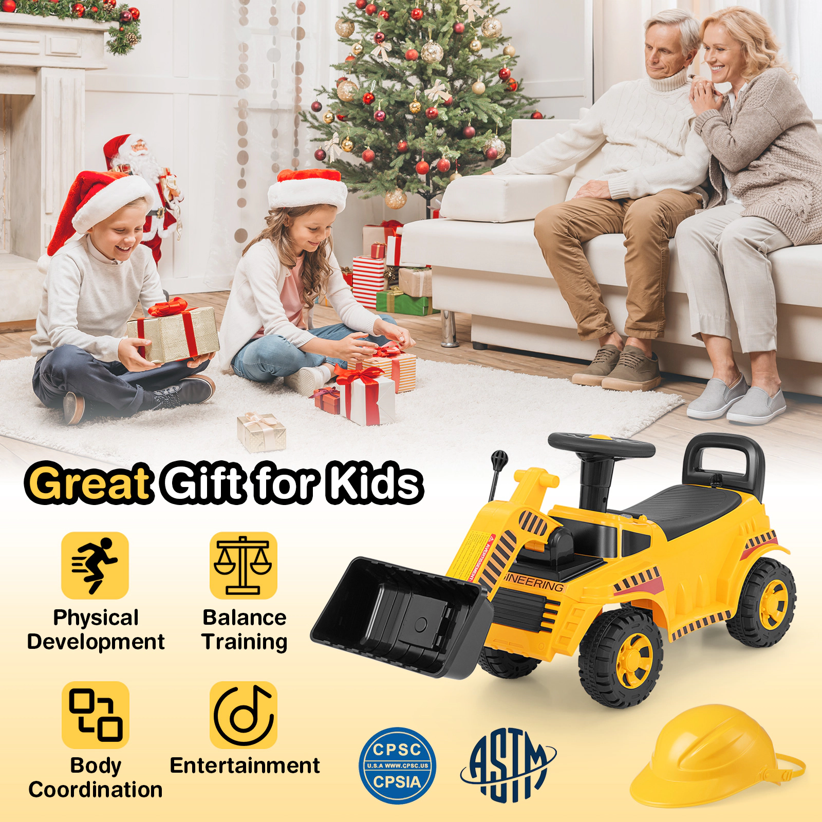 SUGIFT Yellow Toddler Ride-On Excavator Digger with Adjustable Bucket Helmet and Storage 36-in W 33-lb Rider