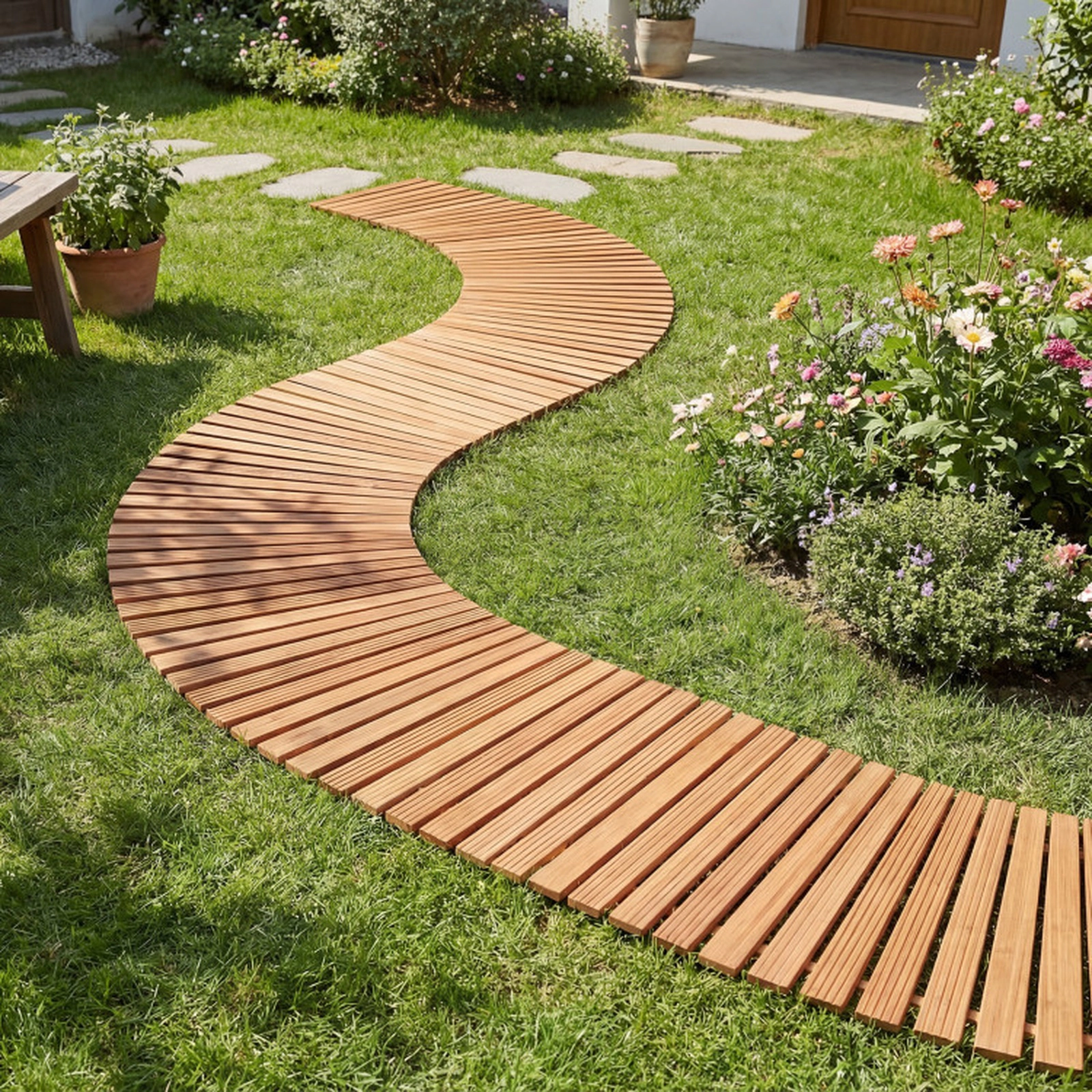 SUGIFT 7-ft Natural Fir Wood Roll-Up Garden Pathway with Anti-Slip Textured Surface and 17-in Width