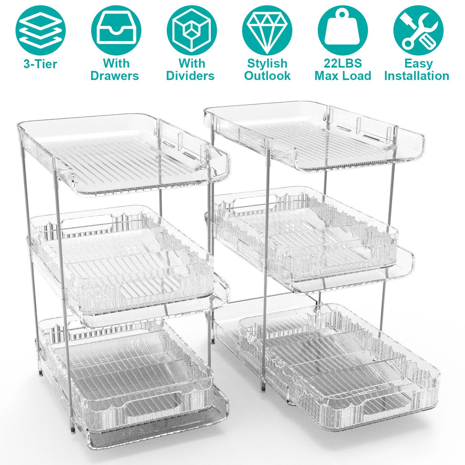 GBruno 2-Pack 3-Tier Clear Organizer With Drawers