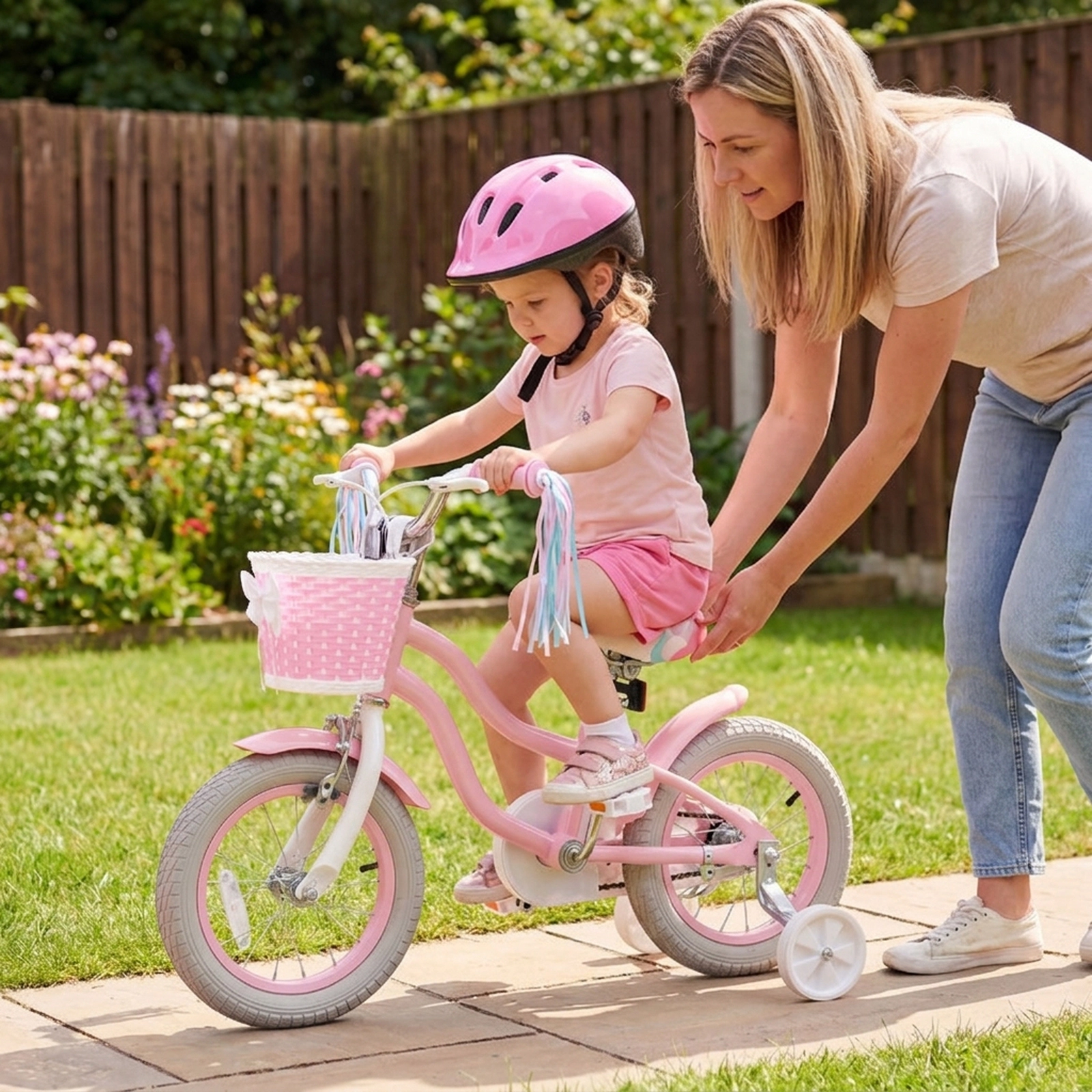 SUGIFT Adjustable 12-Inch Kids Bicycle with Training Wheels Basket and Streamers 110-lb Capacity Ages 3-4 Pink