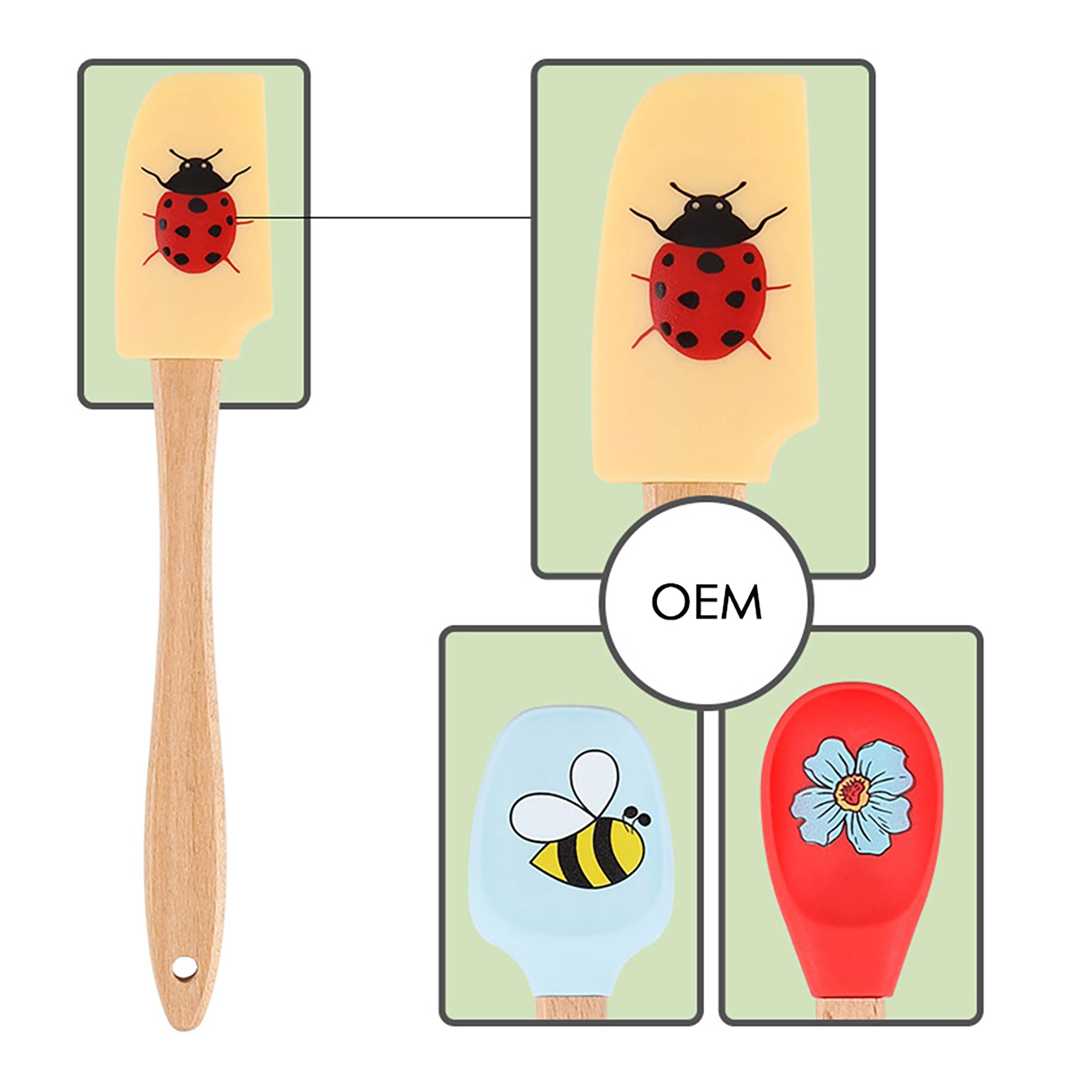 Alilang Women Silicone Spatula Set with Wooden Handles Bee Ladybug Flower Print Heat Resistant Kitchen Baking Tools 3 Pi