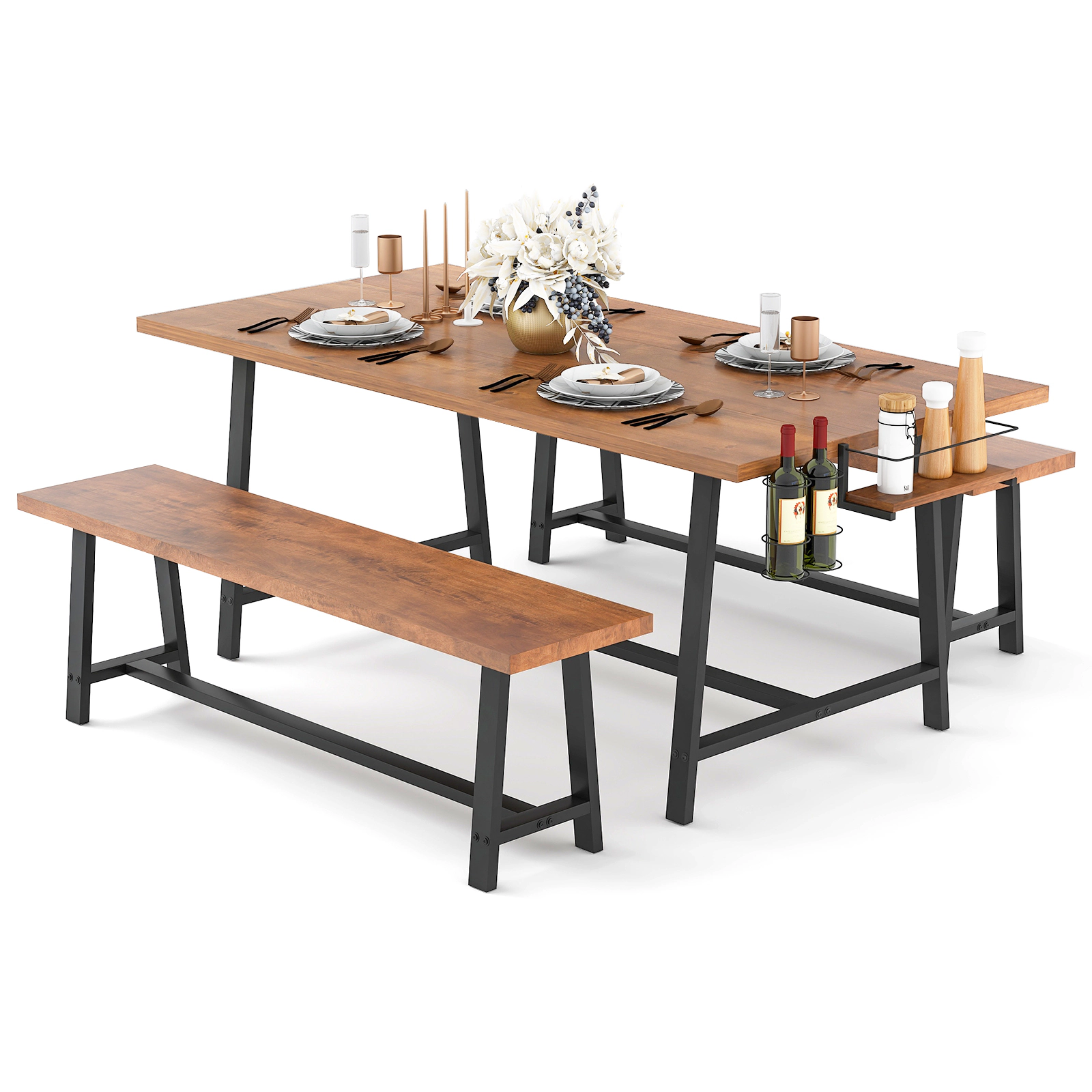 LJG Dining Table Set for 5-7 with 2-Bottle Wine Rack and Condiment Holder