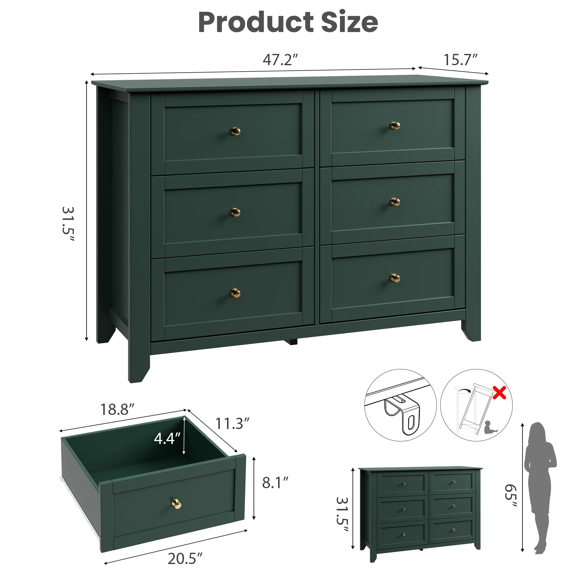 6 Drawer Dresser with Metal Knobs, 47.2" Wide Wooden Double Storage Chest for Bedroom Entryway Hallway