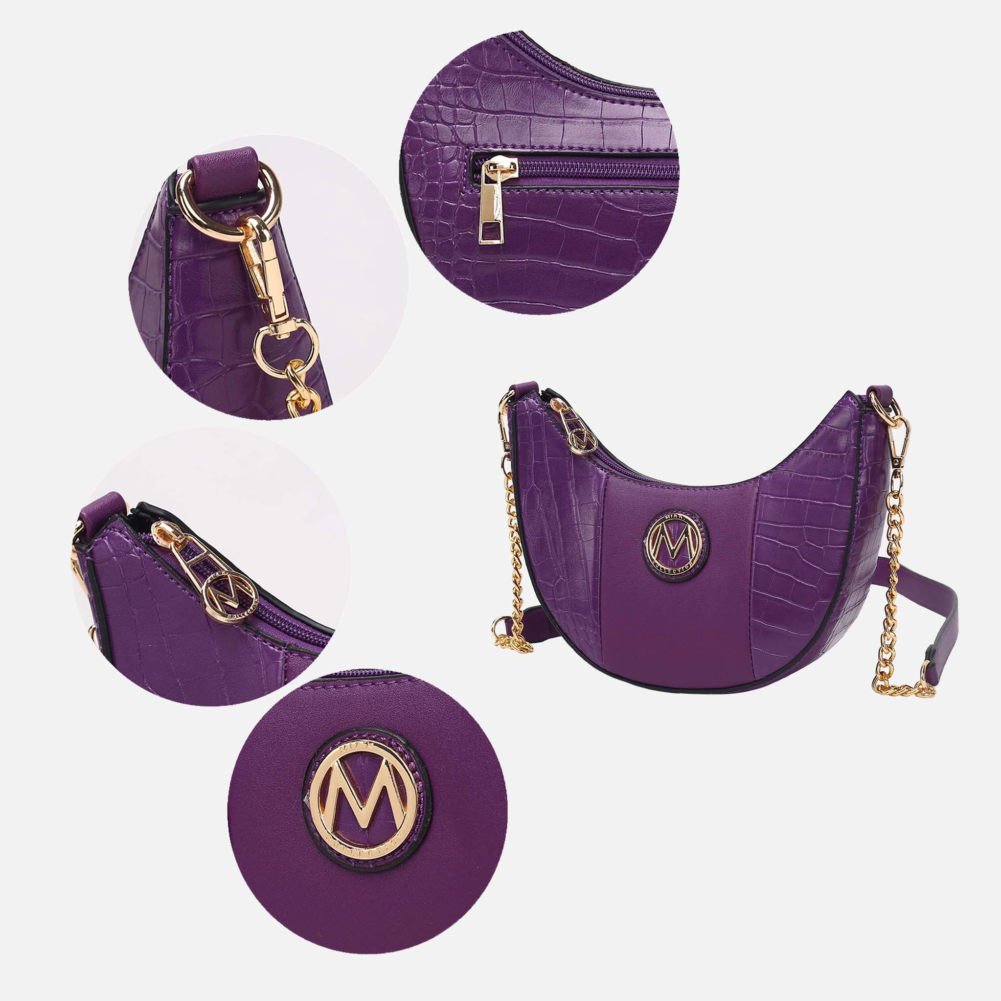 Mia K Collection Amira Crescent Vegan Leather Shoulder Bag - Croc-Embossed Half-Moon with Chain Strap