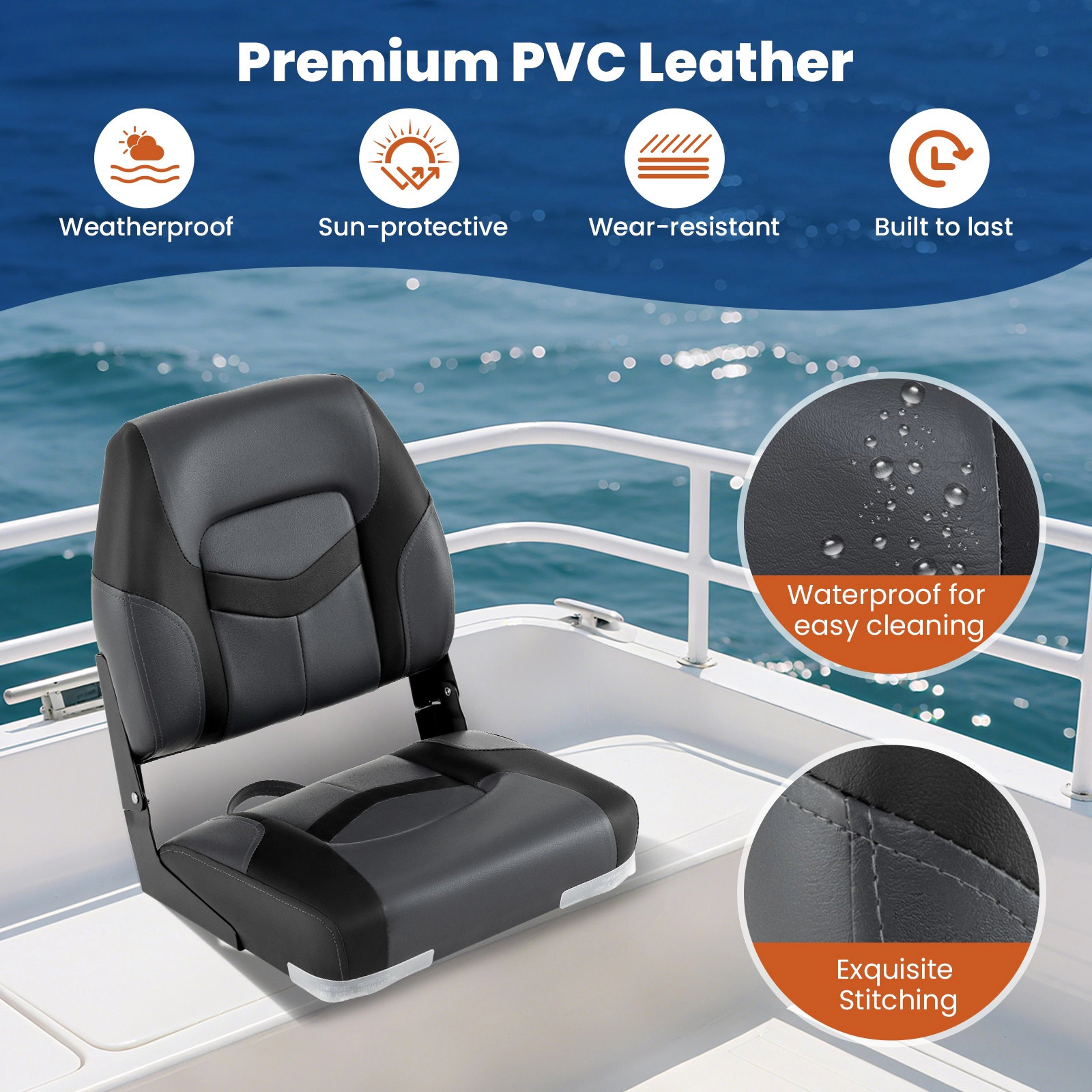 SUGIFT Set of 2 330-lb Capacity Contoured PVC Leather Folding Boat Seats with 10 Fixing Bolts and Hinges