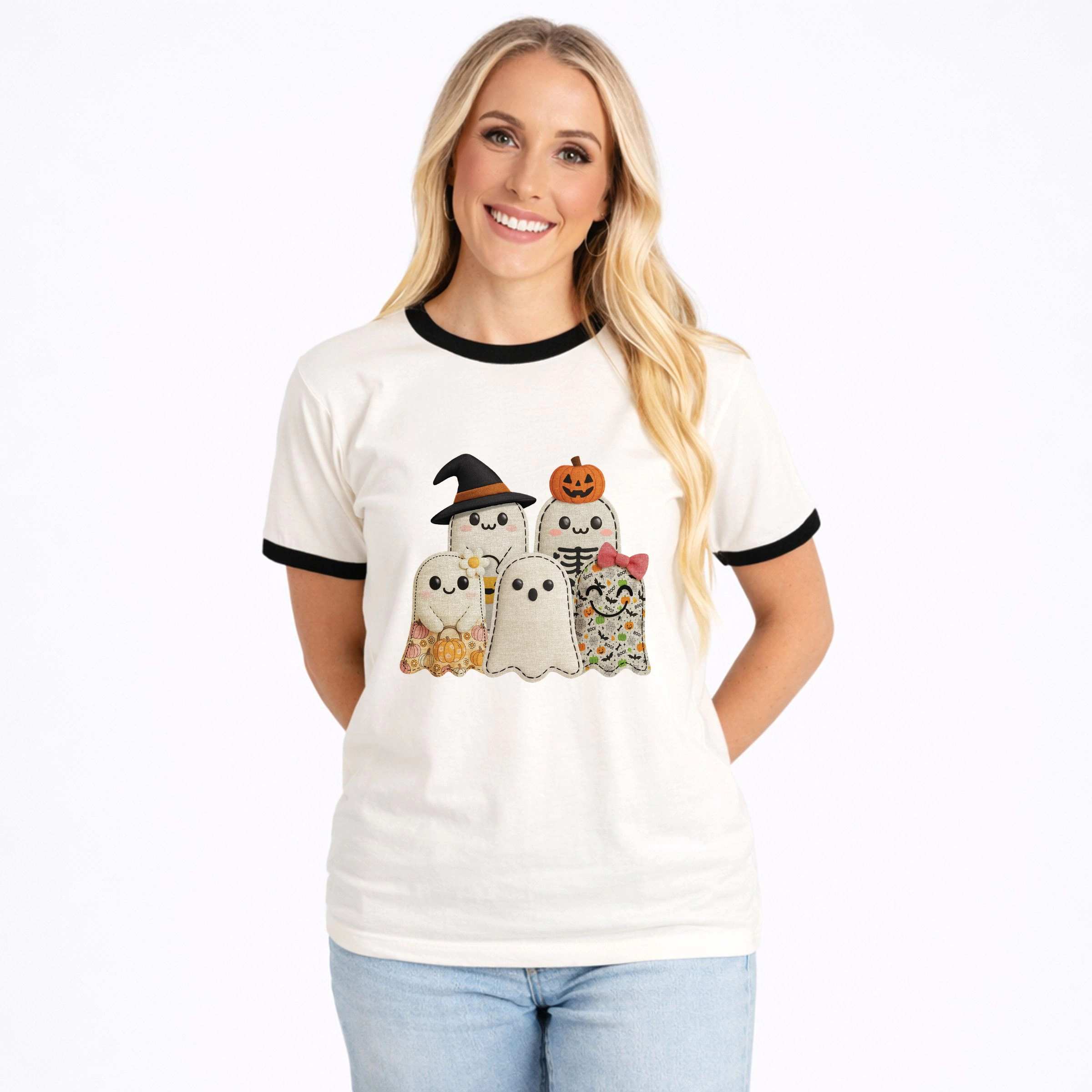Simply Sage Market - Women's Ringer Graphic T-Shirt Ghost Family Patchwork Print