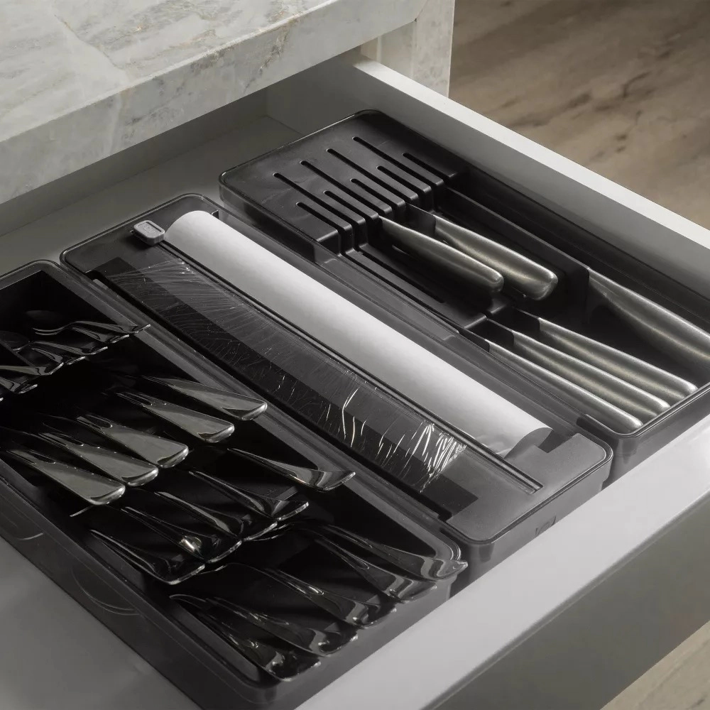 OU In-Drawer Silverware & Utensil Organizer Set- Knife Holder, Roll Dispenser for Foil & Wrap Cutlery Tray Drawer Insert