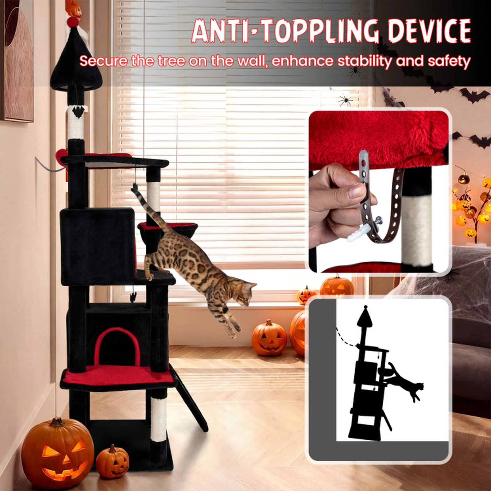 SUGIFT 75-in Gothic Cat Tree with 2 Condos Rotating Basket 2-in-1 Ramp and Padded Top Perch for Large Cats