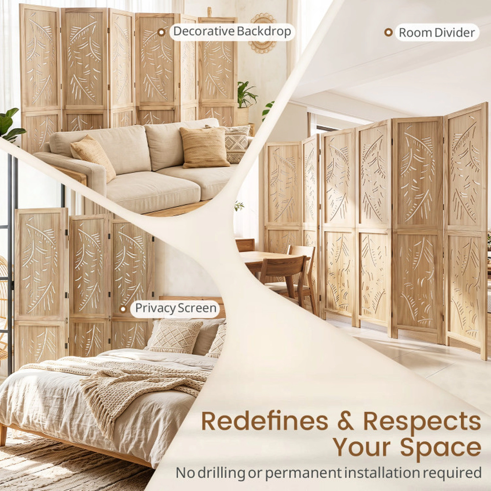 SUGIFT 6-Panel Carved Palm Leaf Wood Room Divider with Paulownia Frame and Raised Legs 95-in W 67-in H Natural