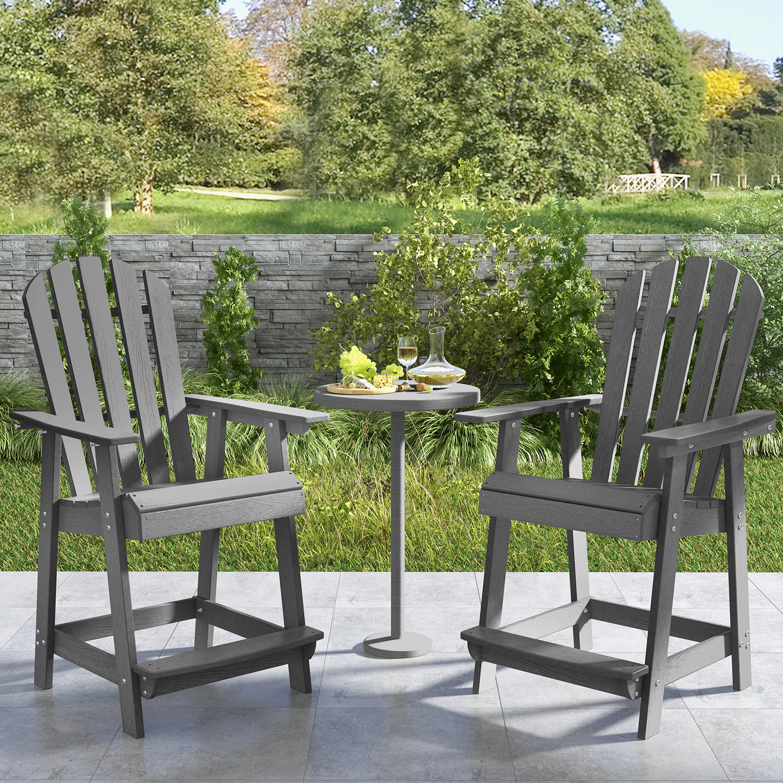 SUGIFT Gray HDPE Patio Bar Chair, 24.5-Inch Seat, Slatted Design, Arms and Footrest