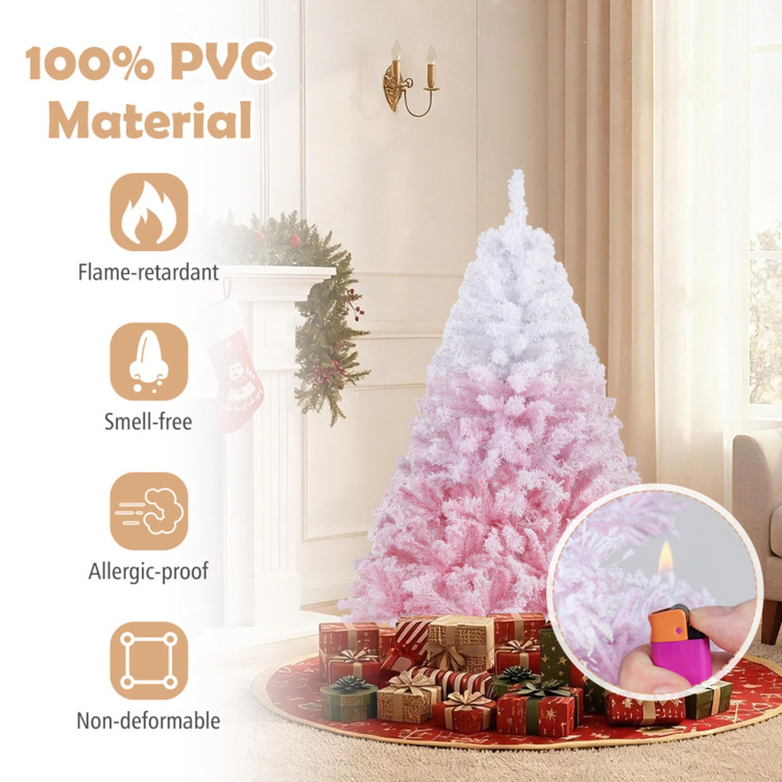 SUGIFT 5-ft Snow Flocked Gradient Hinged Artificial Christmas Tree 456 Tips 180 Warm White LEDs 16-in Stand Pink