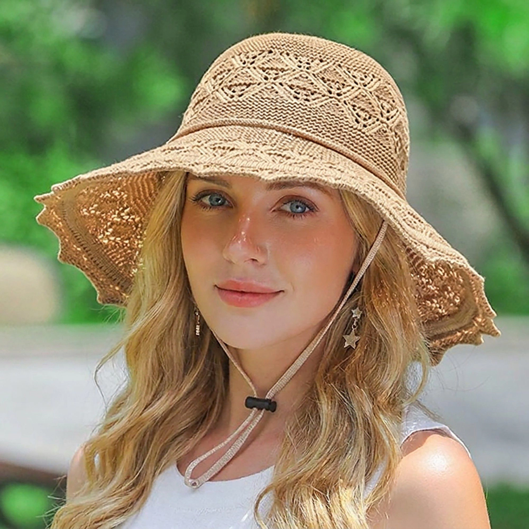 Anna-Kaci Women's Crochet Wide Brim Sun Hat with Scalloped Edge Floral Accent and Chin Strap