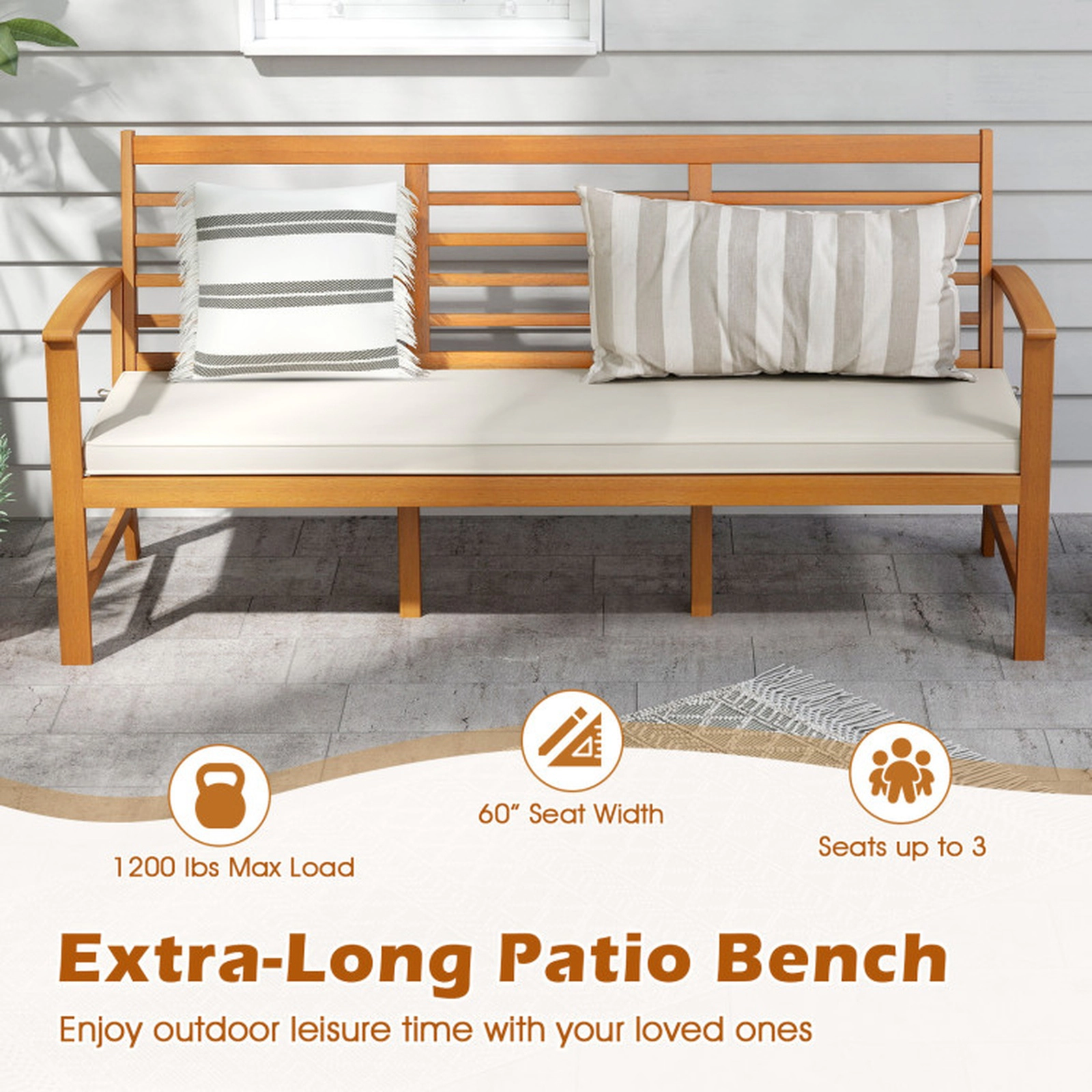 SUGIFT Patio Wood Bench with Slatted Seat and Cushion 1200-lb Capacity Off White Cushion Natural Frame