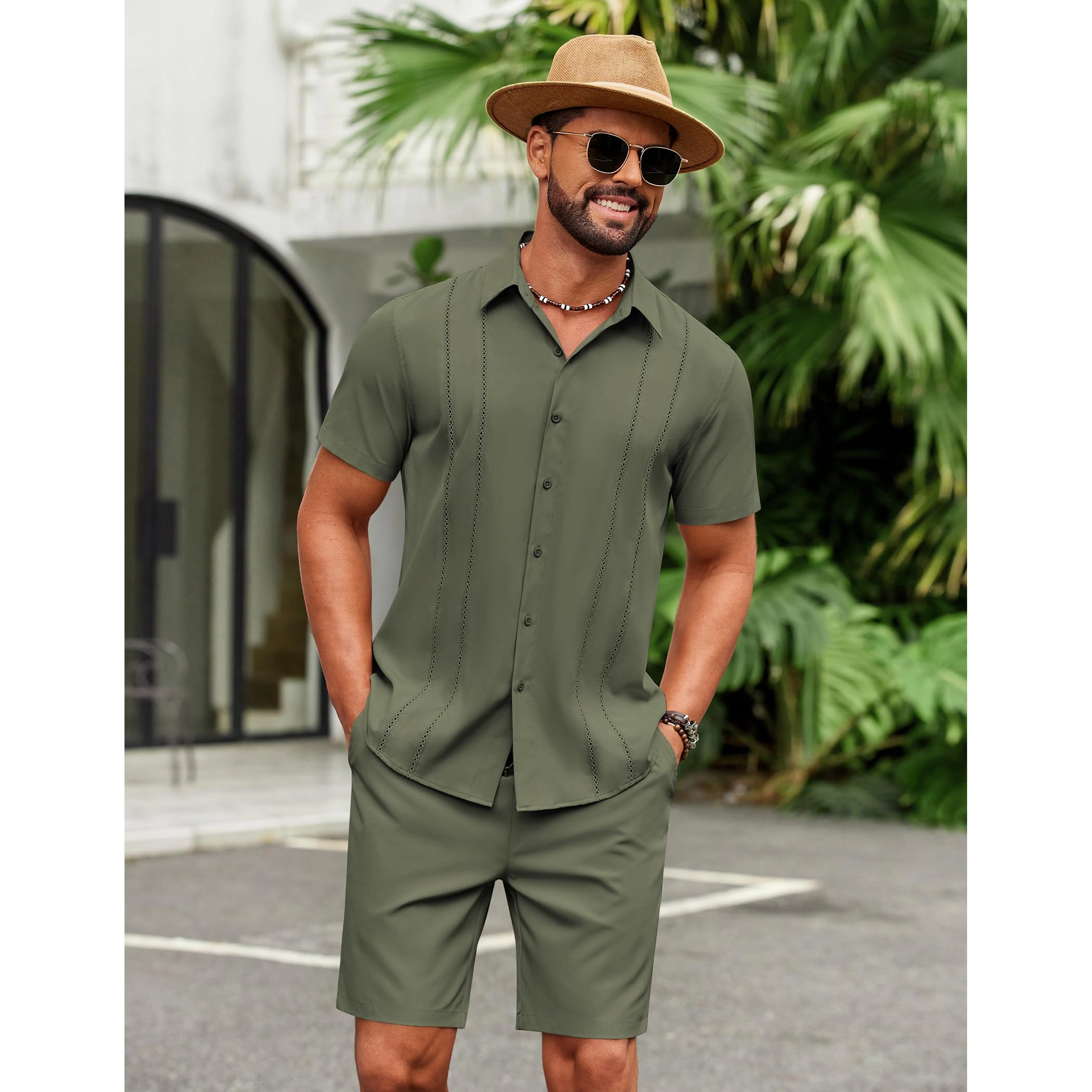 COOFANDY Mens Short Sleeve Button Down Shirts  Casual Pintuck Tops Shorts Set