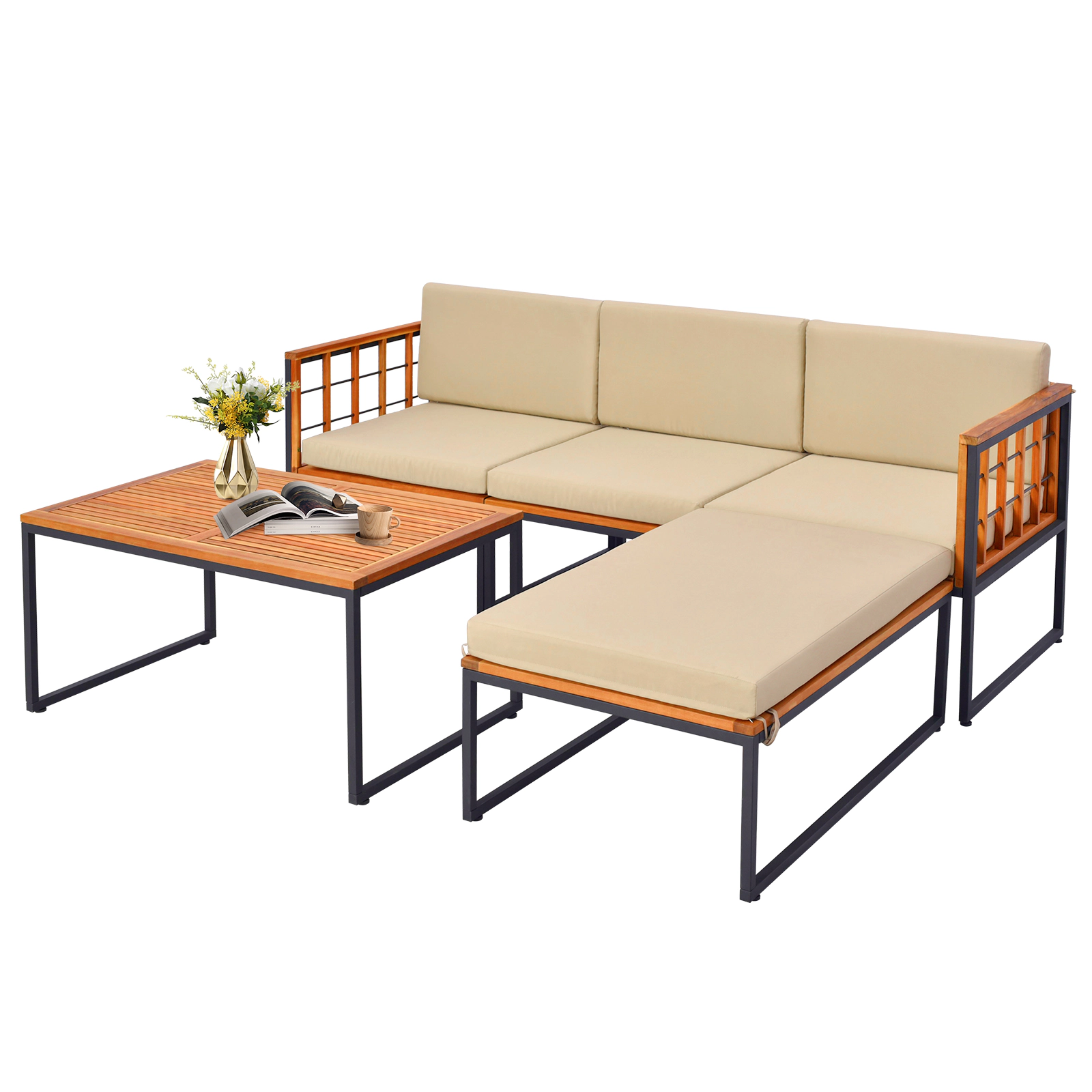 LJG 5 Pieces Patio Furniture Set Acacia Wood Sectional Set with Heavy-Duty Metal Frame