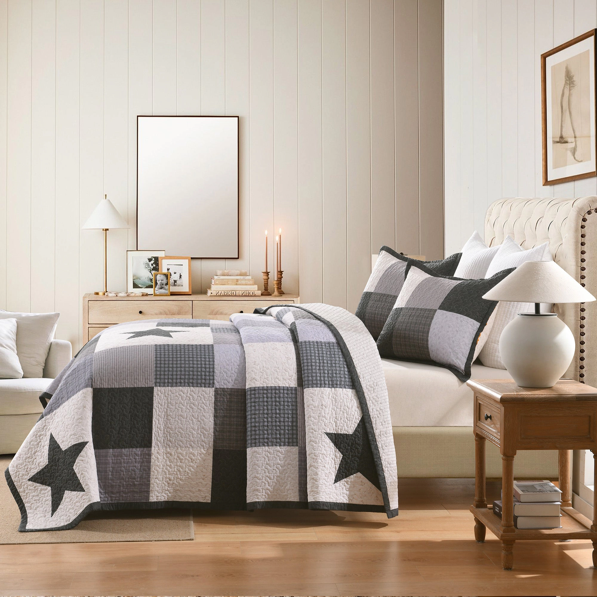 MarCielo 3 Piece 100% Cotton Star Quilt Set – Modern Checkered Bedspread Set