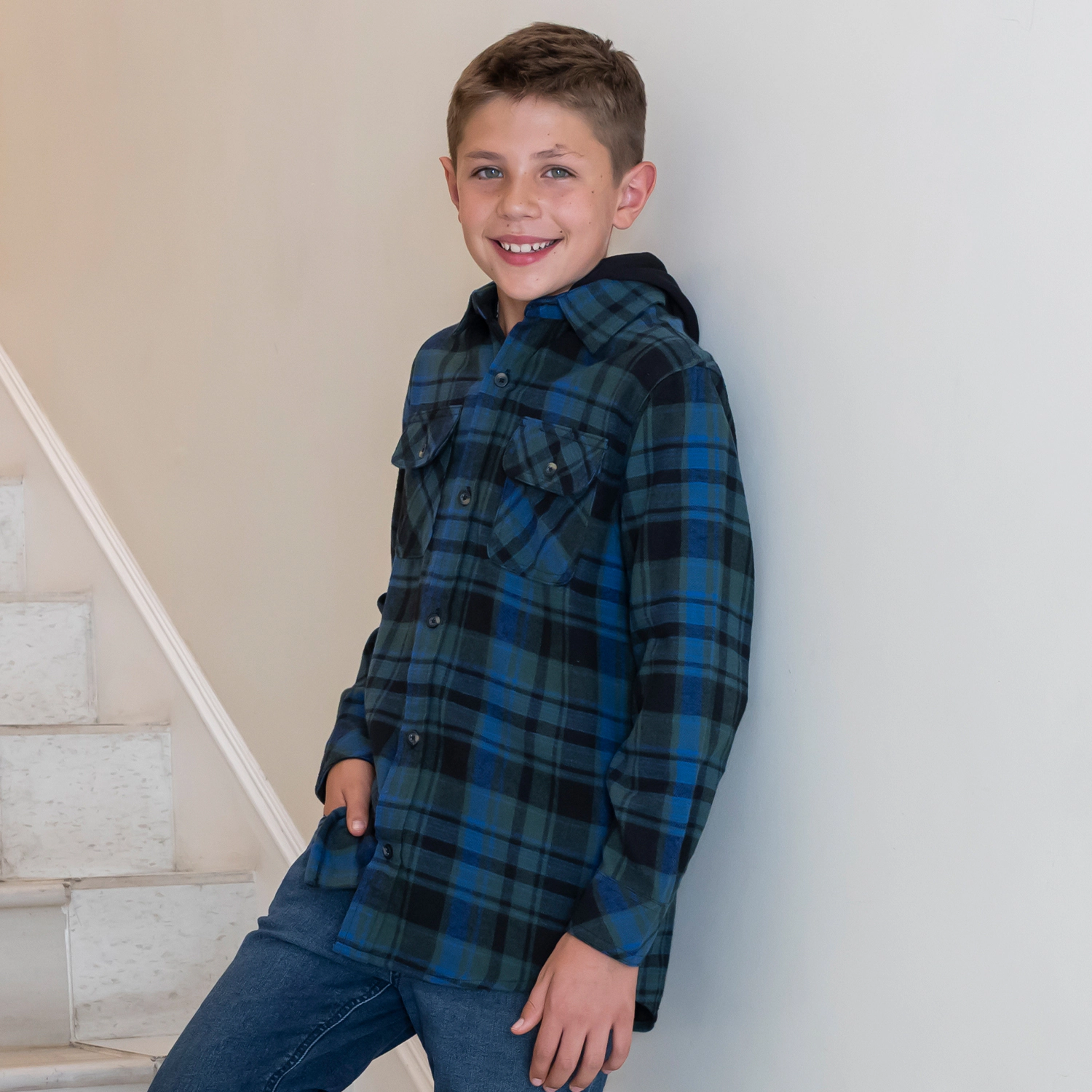 Gioberti Boy's 100% Cotton Removable Hoodie Plaid Checkered Flannel Shirt