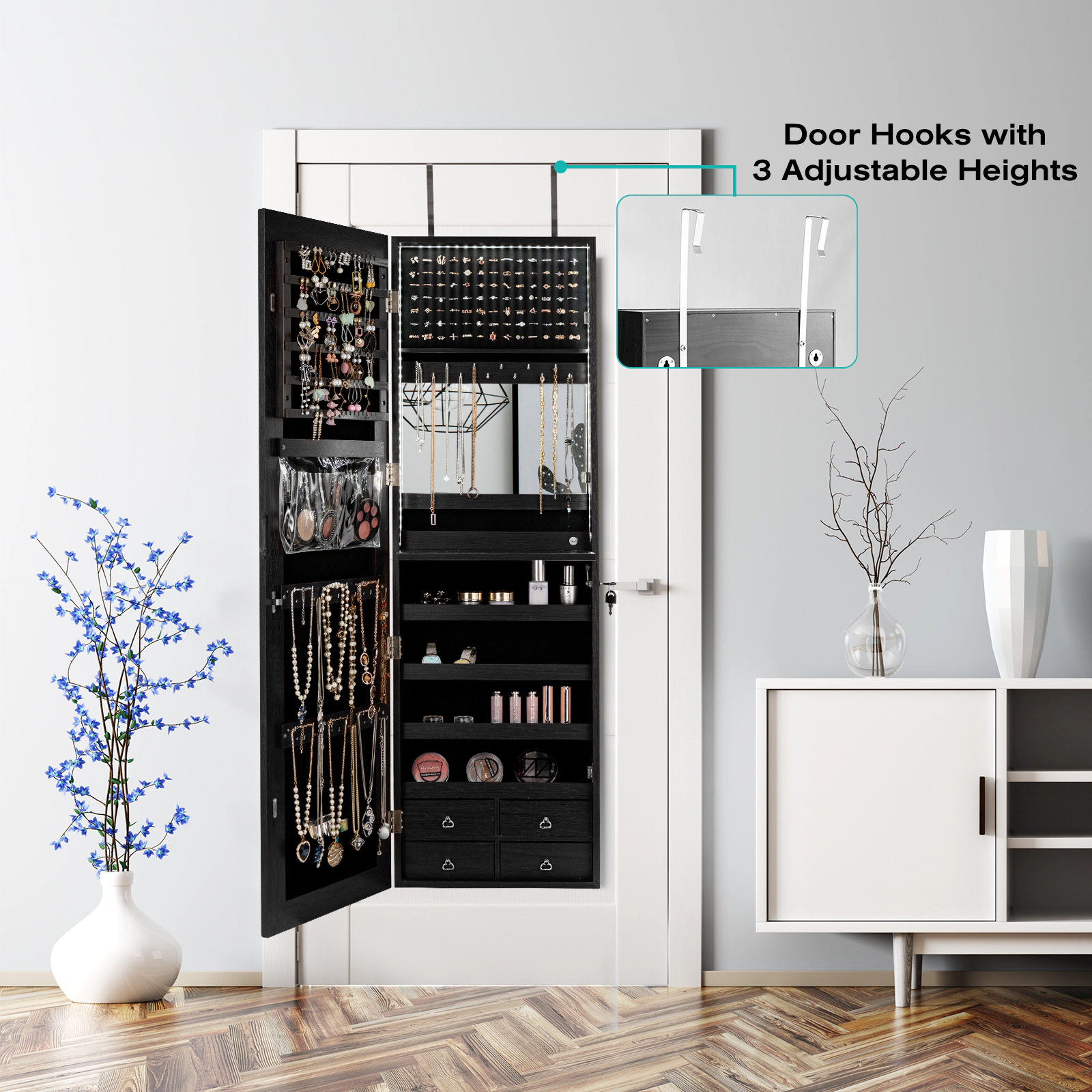 SUGIFT 47-in Wall or Door Mounted Black Jewelry Cabinet Organizer with 4 Drawers and Full-Length Mirror