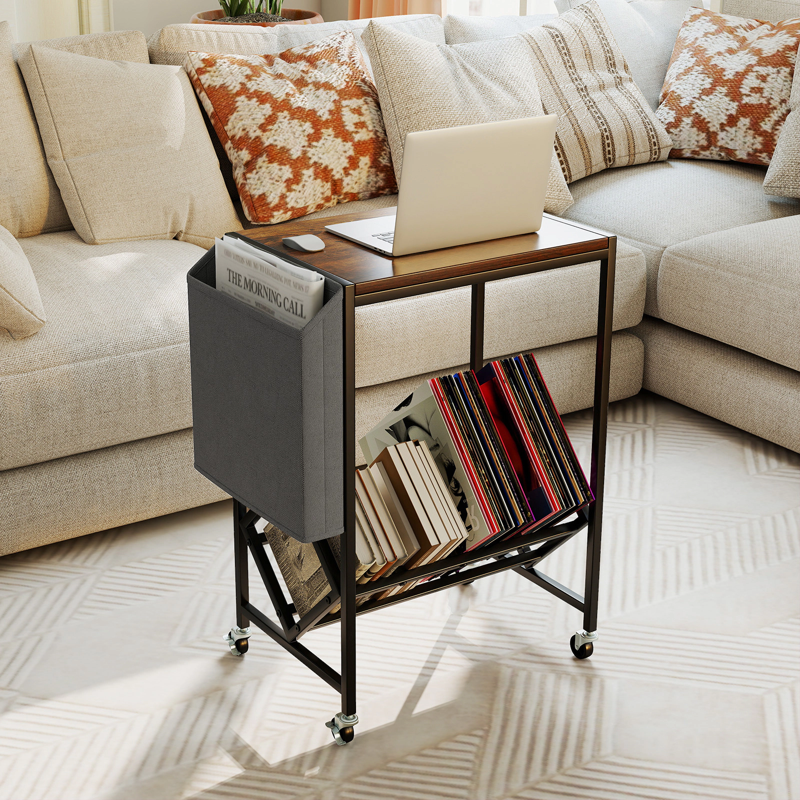 SUGIFT Rolling Record Player Stand 2-Tier Accent Table Vinyl Storage & Magazine Holder 55-lb Tabletop Capacity Rustic