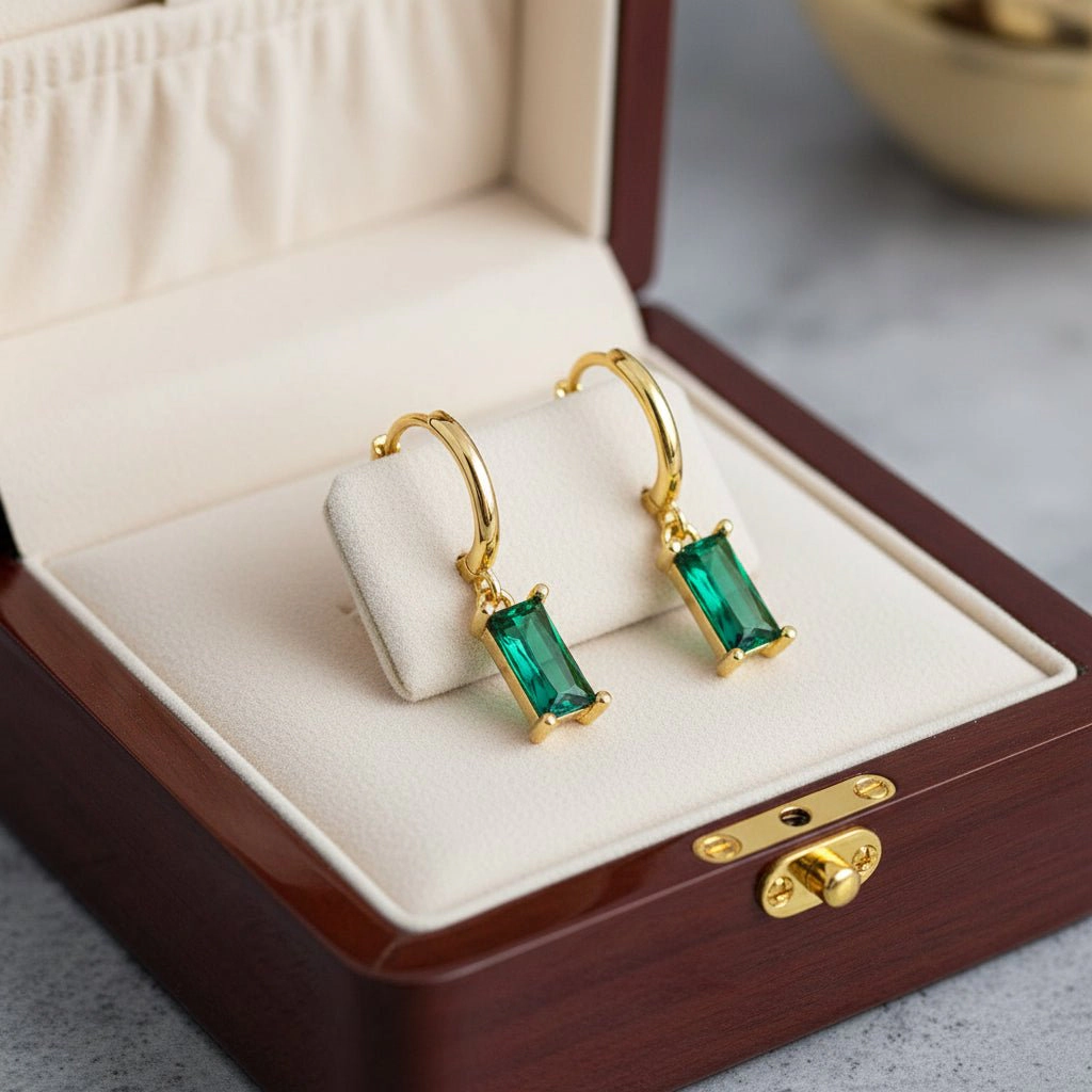 DressAtR Women's Green Zircon 18K Gold Plated Earrings