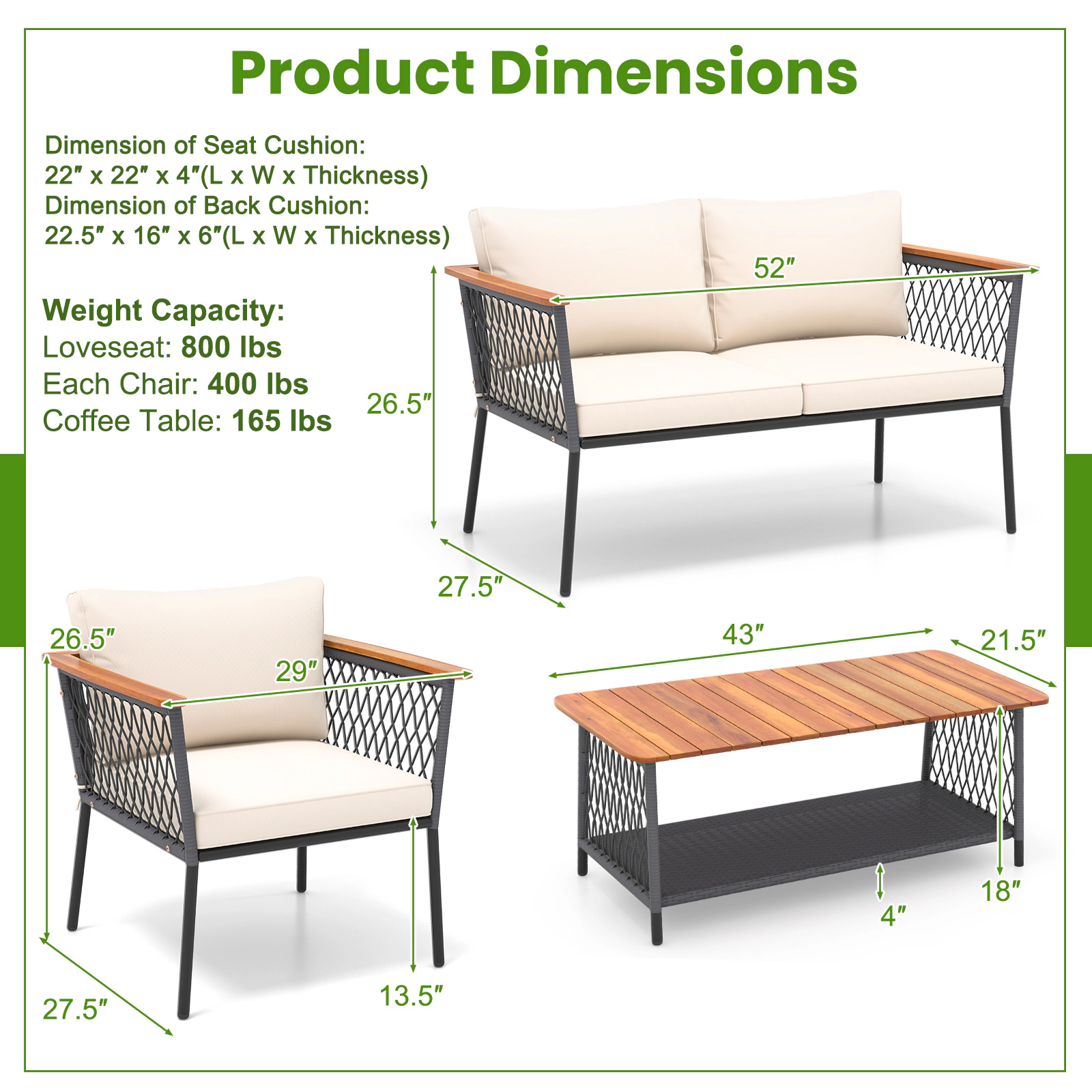 LJG 4 Piece Patio Rattan Furniture Set with 2-Tier Coffee Table