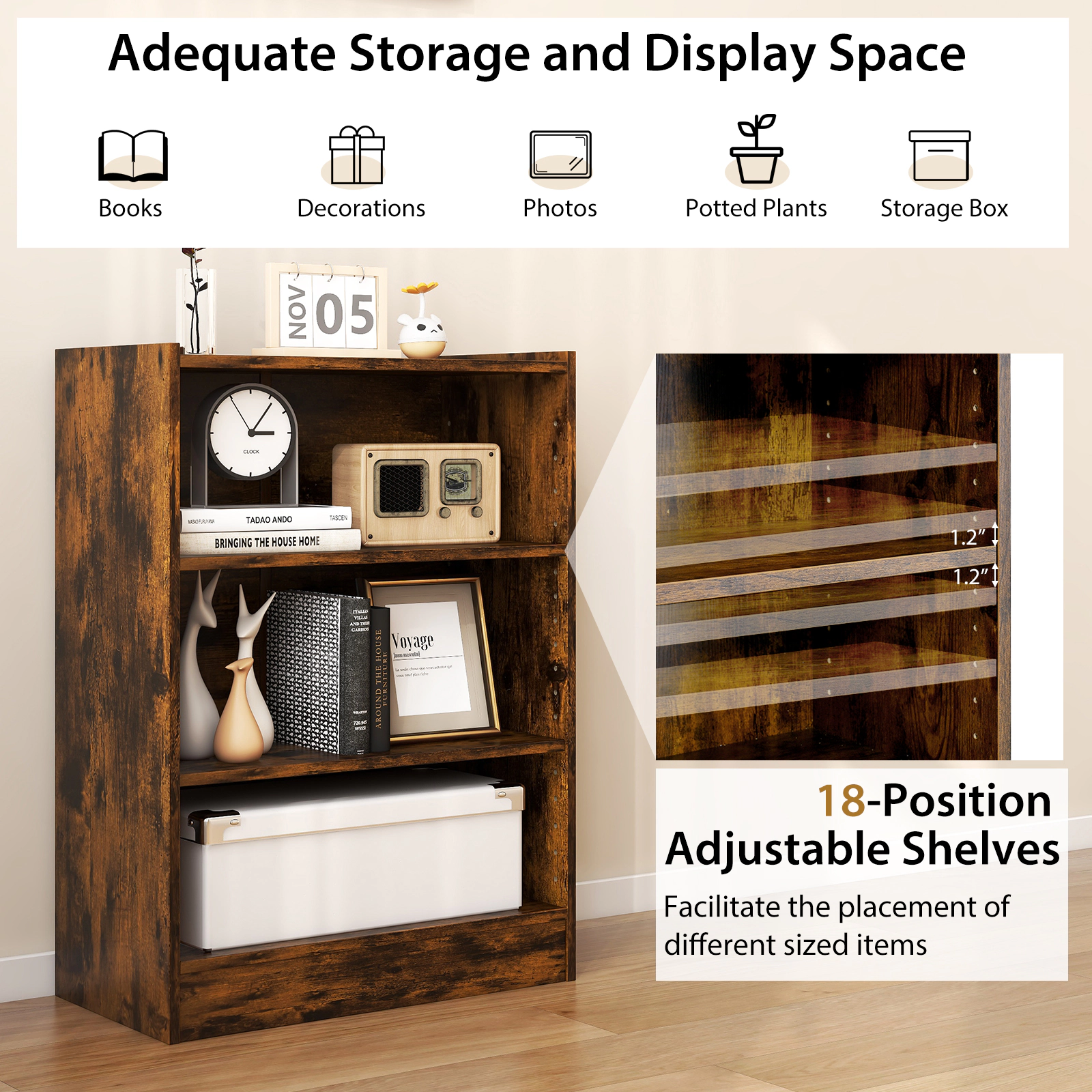 SUGIFT 3-Tier Rustic Brown 29.5-in Small Bookshelf with 18-Position Adjustable Shelves and Raised Top