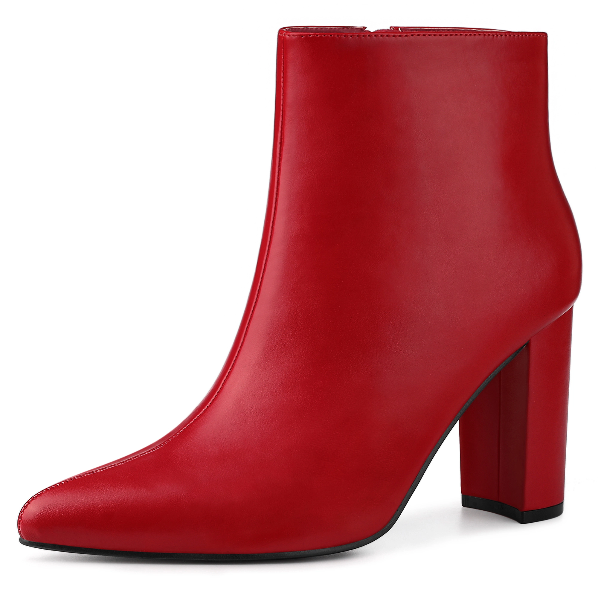 BLISSFUL STEP Women Leather Pointed Toe Zipper Chunky High Heels Ankle Boots