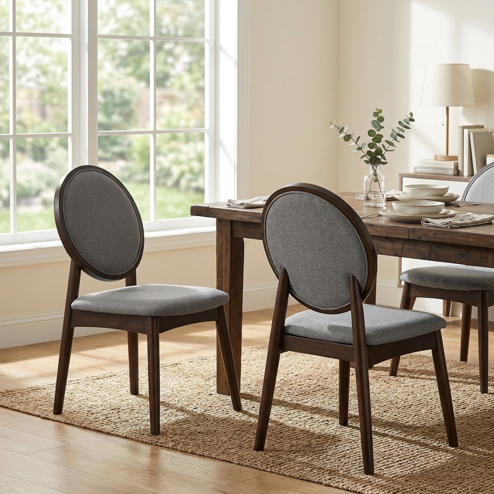 SUGIFT Set of 2 Gray Linen Padded Dining Chairs, 17.5-in Seat, Rubber Wood Legs