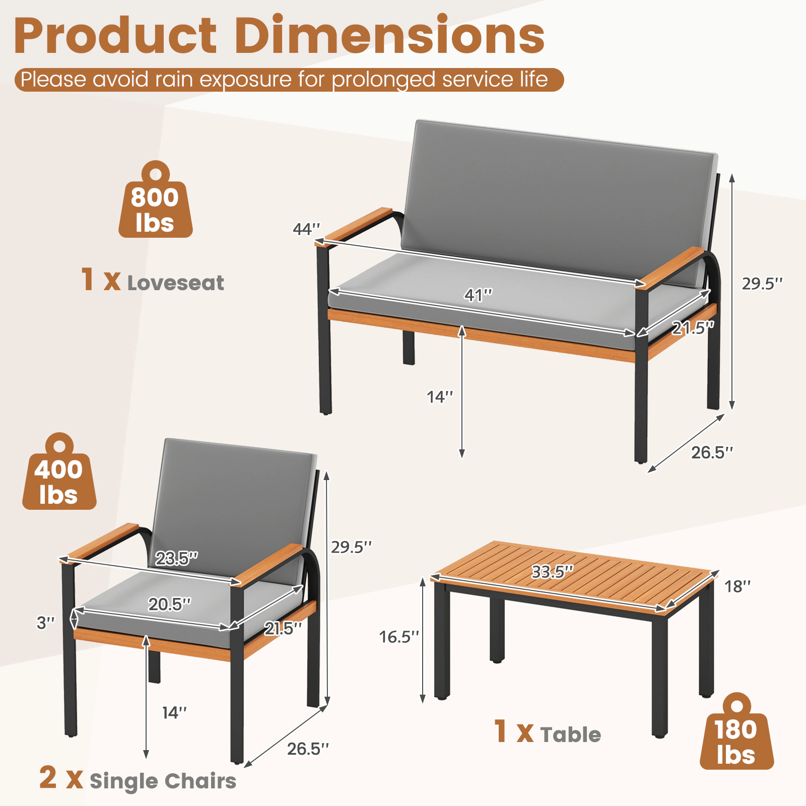 LJG 4 Piece Patio Furniture Set with Coffee Table and Loveseat with Removable Cushions