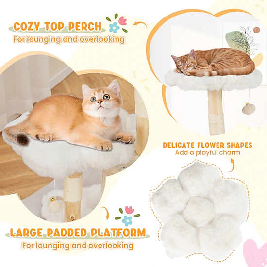 Glintex 32-Inch Solid Wood Branch Cat Tree with Flower Platforms and Sisal Posts, White