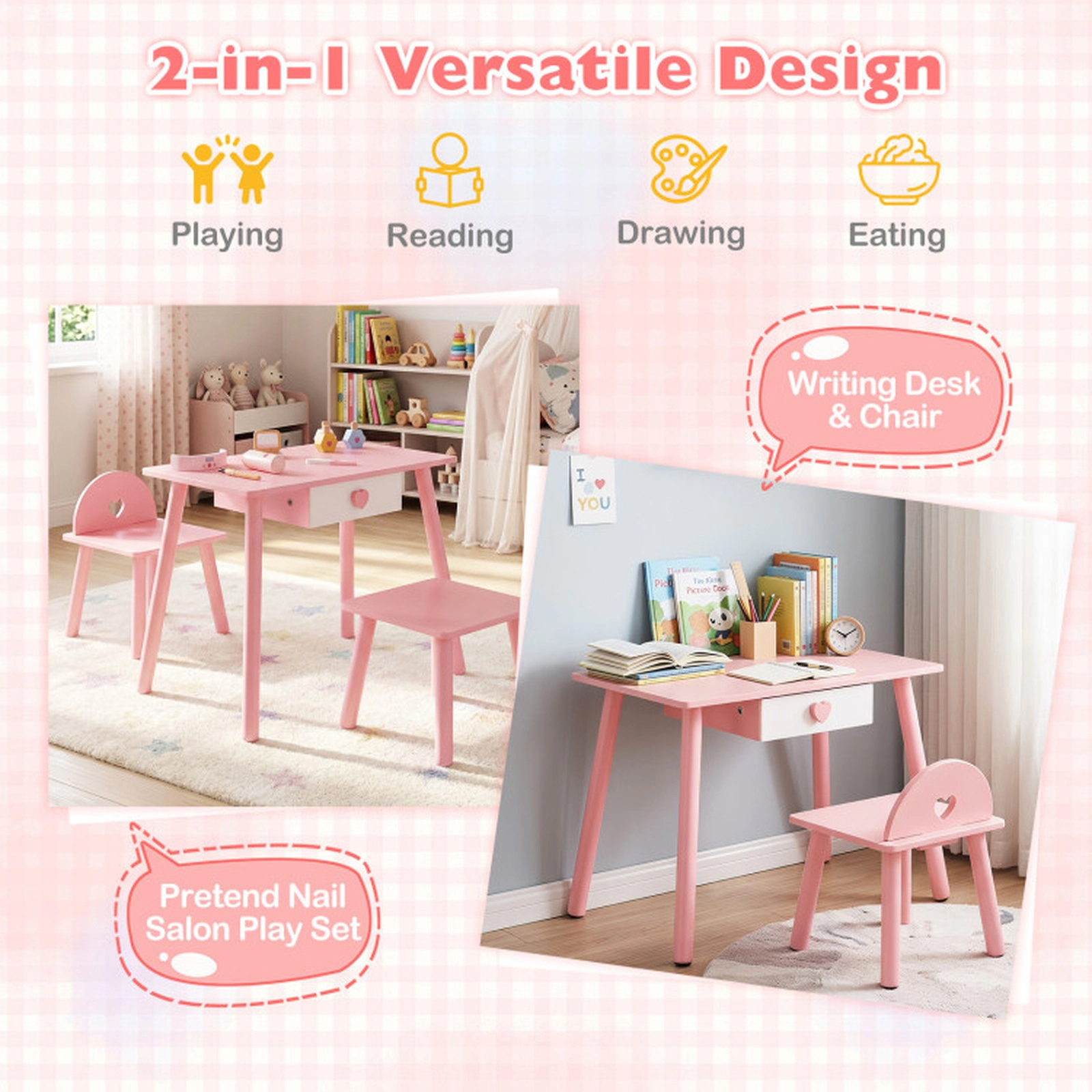 SUGIFT Pink Wooden Table Chair and Stool Kids Pretend Nail Salon Playset