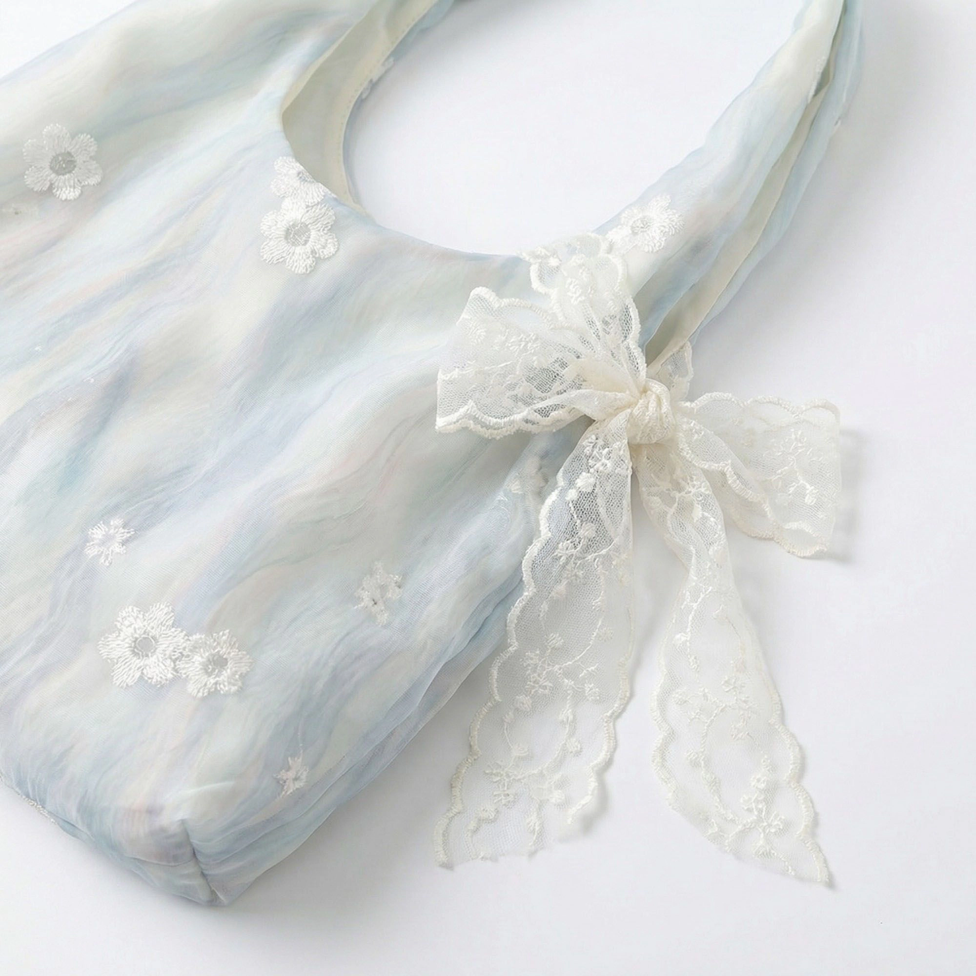 Alilang Women's Soft Shoulder Bag with Floral Embroidery Lace Bow Detail and Slouchy Hobo Silhouette