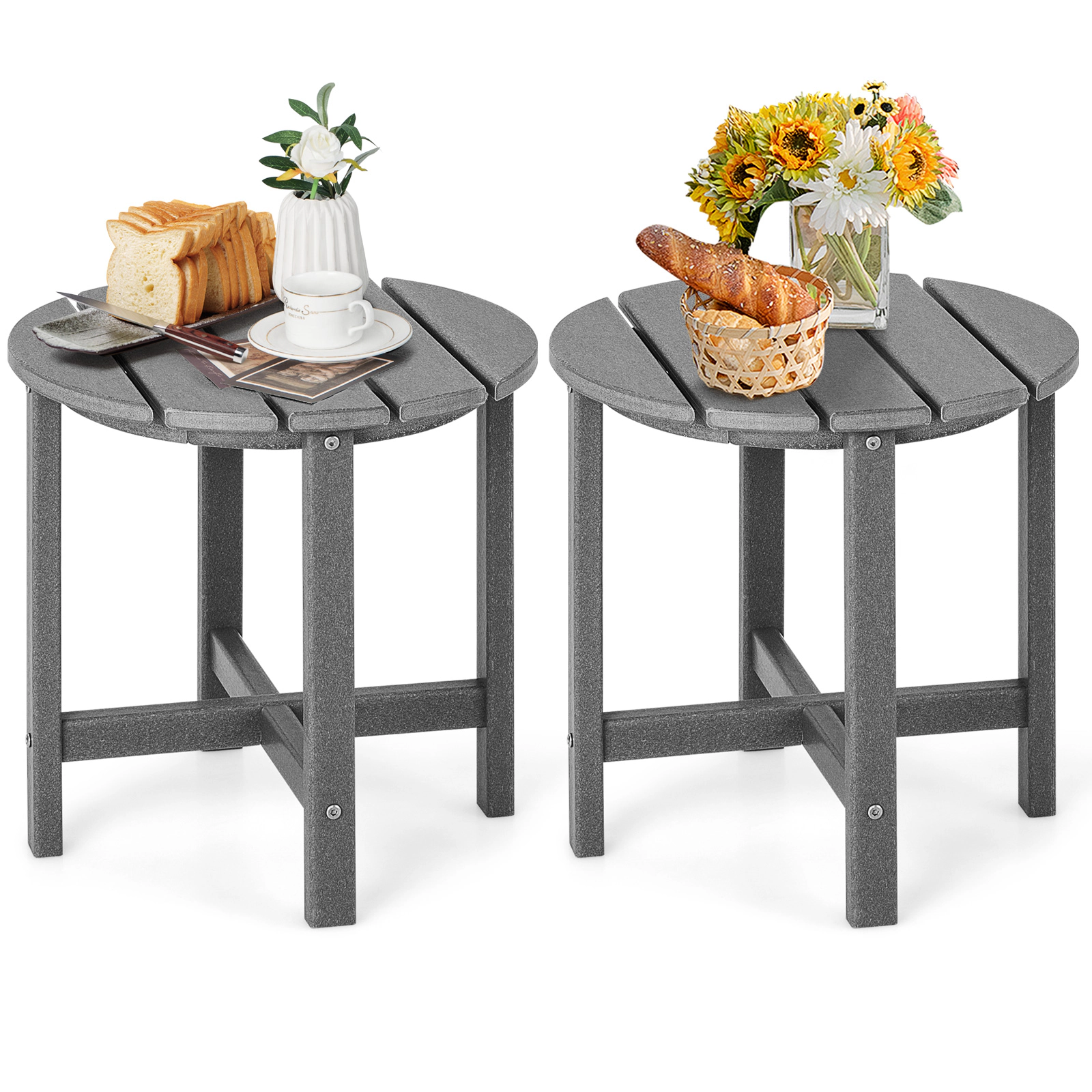 SUGIFT Set of 2 18-in Round Weather-Resistant Adirondack Side Tables 110-lb Capacity HDPE 18-in Tall Gray