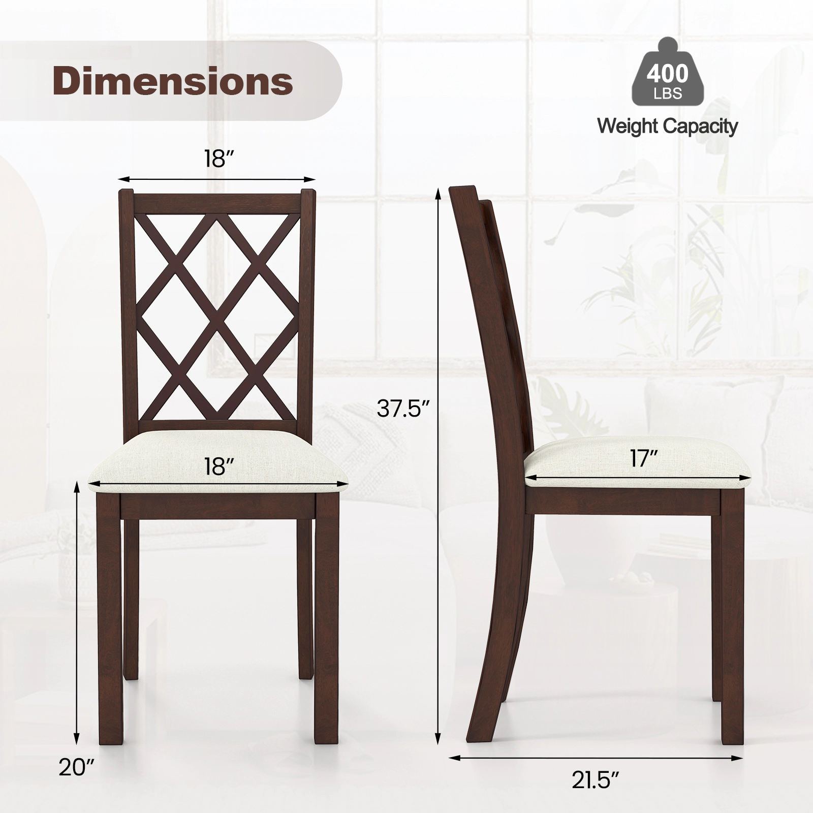 LJG Dining Chair Set of 2 Wood Kitchen Chairs with Upholstered Seat Cushion and Rubber Wood Legs