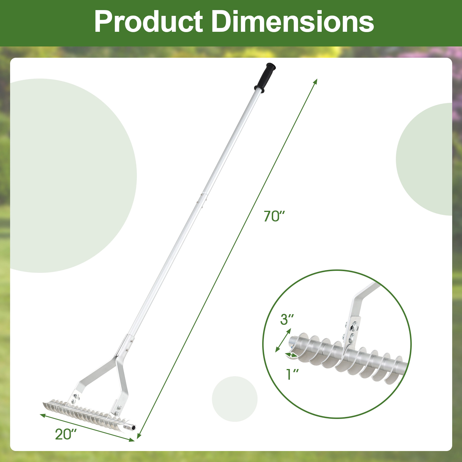 SUGIFT 20 in Aluminum Thatch Rake Silver with 19 Curved Tines and 70 in Handle